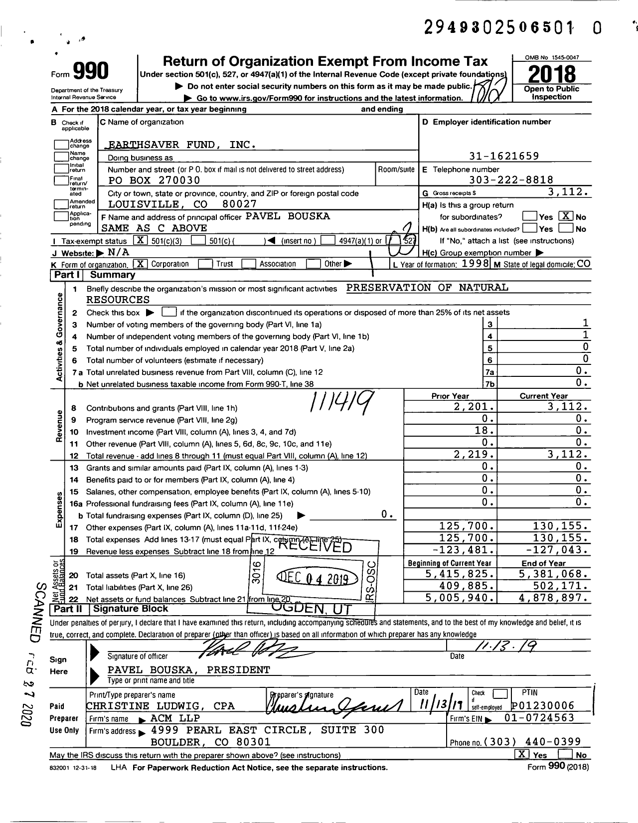 Image of first page of 2018 Form 990 for Earthsaver Fund