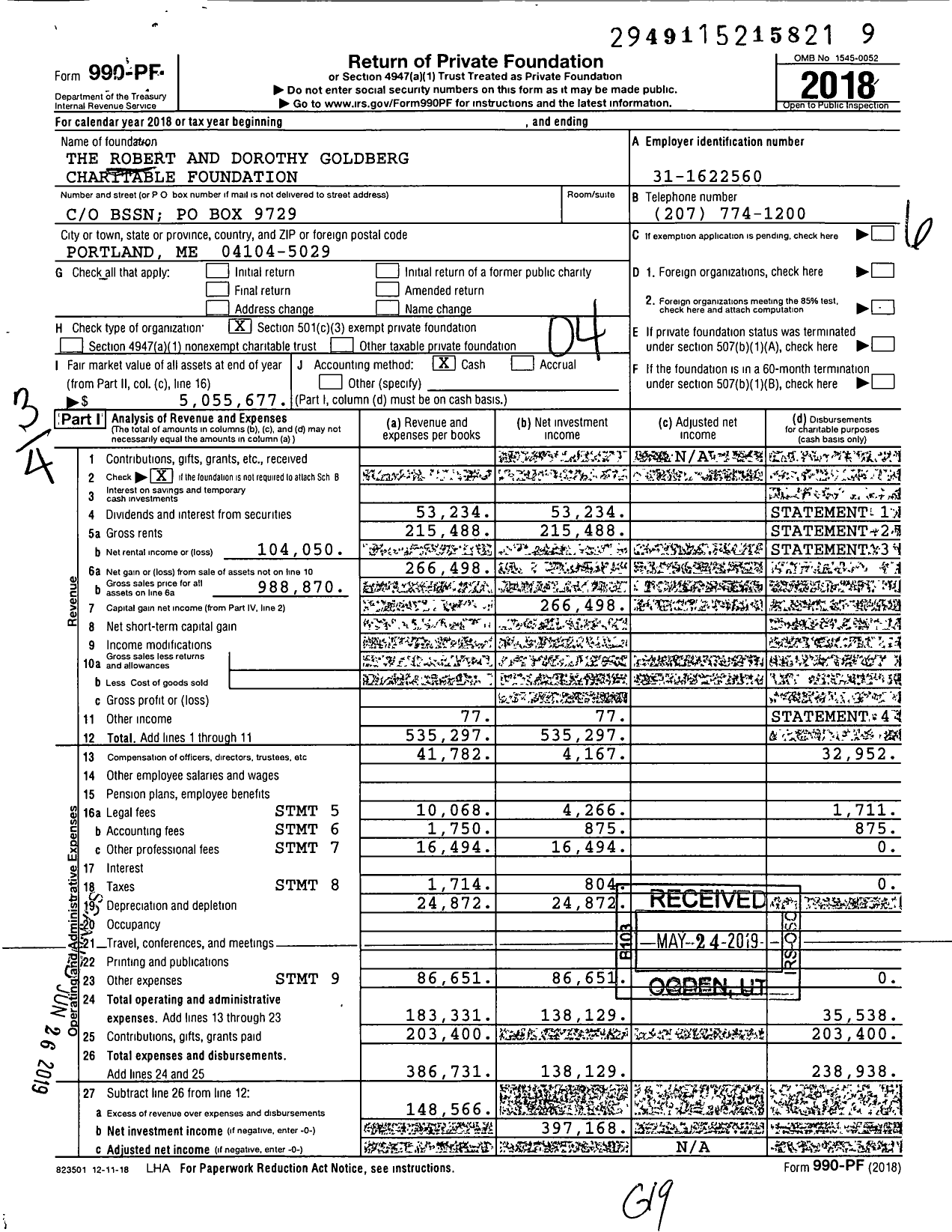Image of first page of 2018 Form 990PF for The Robert and Dorothy Goldberg Charitable Foundation