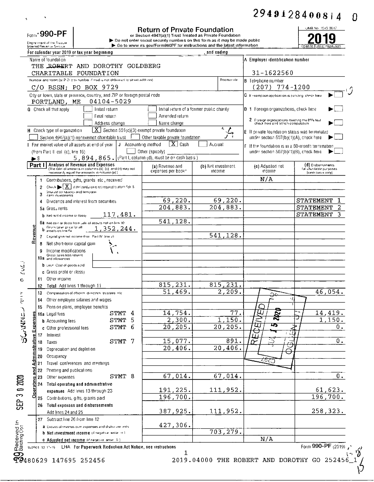 Image of first page of 2019 Form 990PF for The Robert and Dorothy Goldberg Charitable Foundation