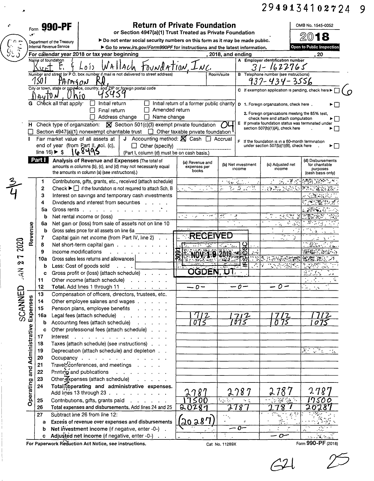 Image of first page of 2018 Form 990PF for Kurt E and Lois Wallach Foundation