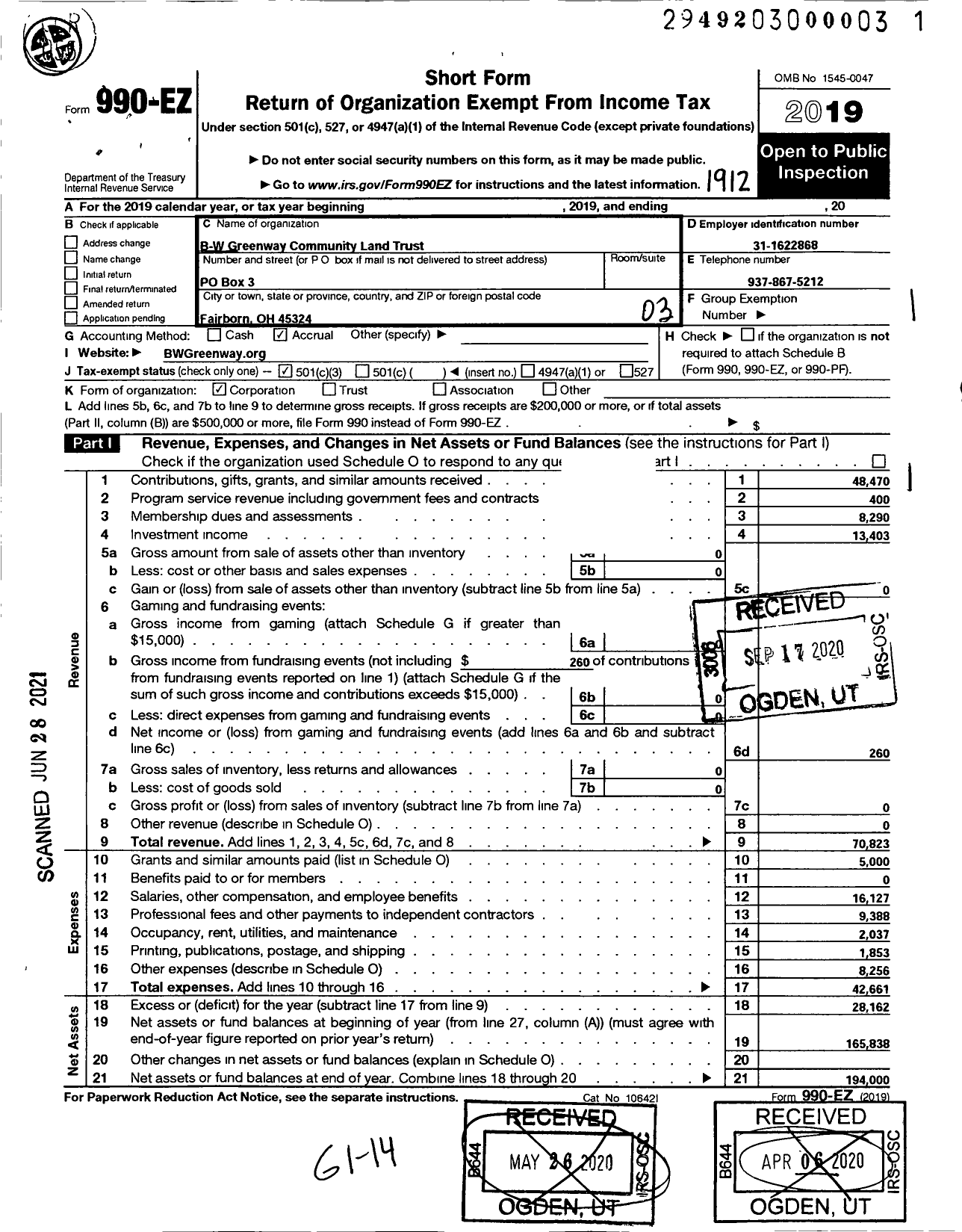 Image of first page of 2019 Form 990EZ for B-W Greenway Community Land Trust