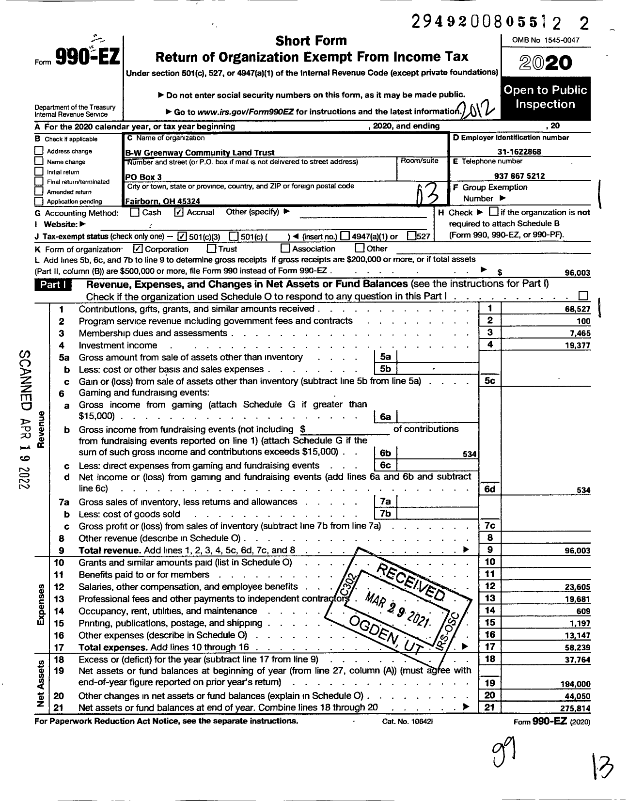 Image of first page of 2020 Form 990EZ for B-W Greenway Community Land Trust