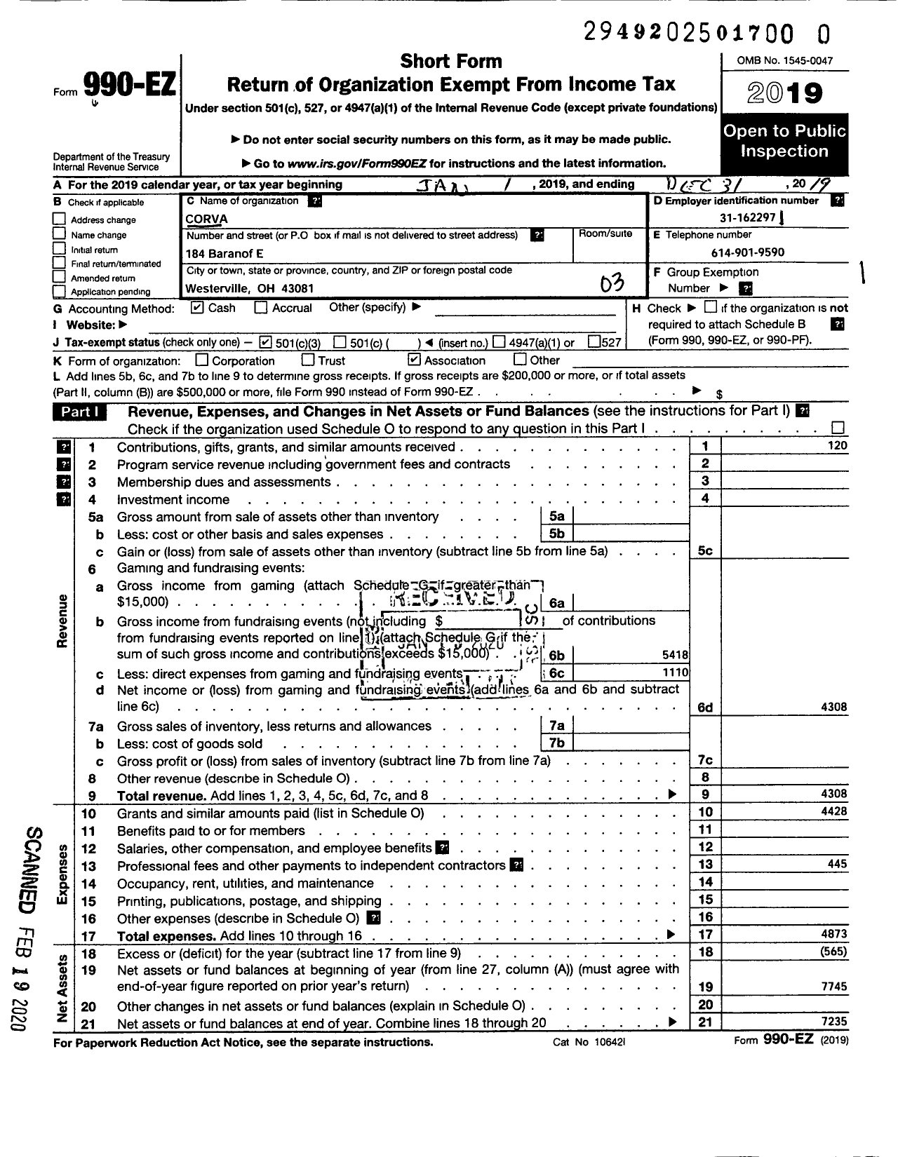 Image of first page of 2019 Form 990EZ for Central Ohio Return Volunteer Association (CORVA)