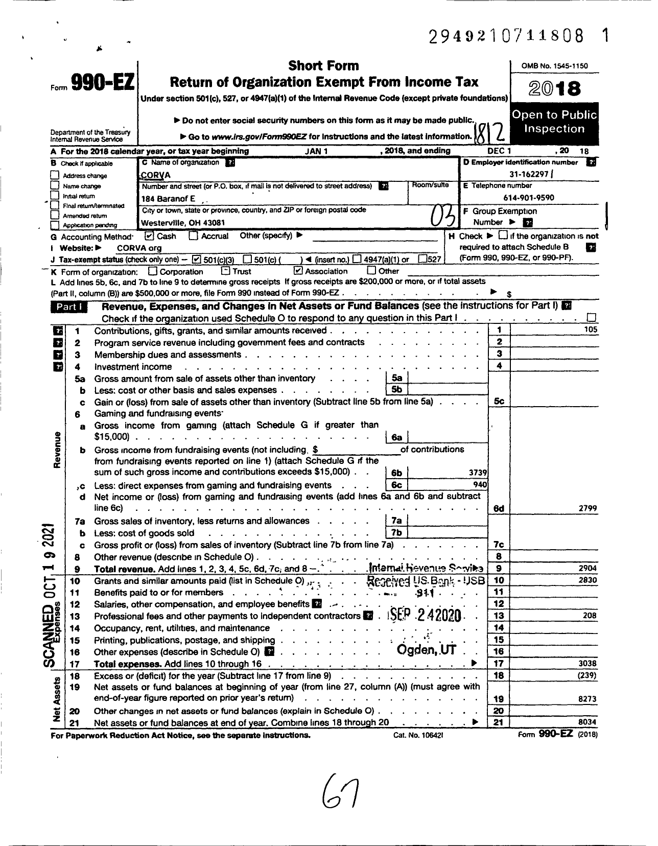 Image of first page of 2018 Form 990EZ for Central Ohio Return Volunteer Association (CORVA)