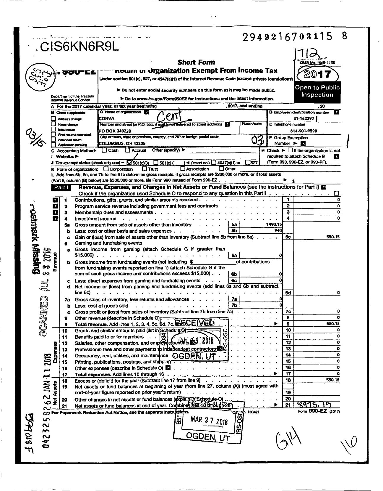 Image of first page of 2017 Form 990EZ for Central Ohio Return Volunteer Association (CORVA)