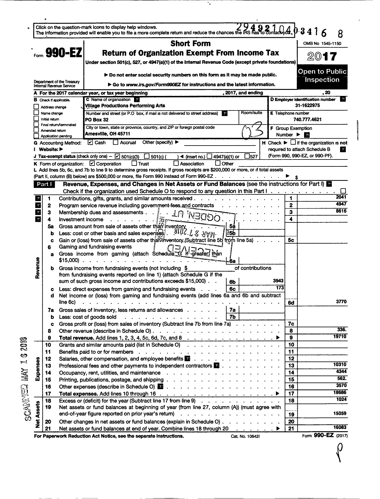 Image of first page of 2017 Form 990EZ for Village Productions Performing Arts