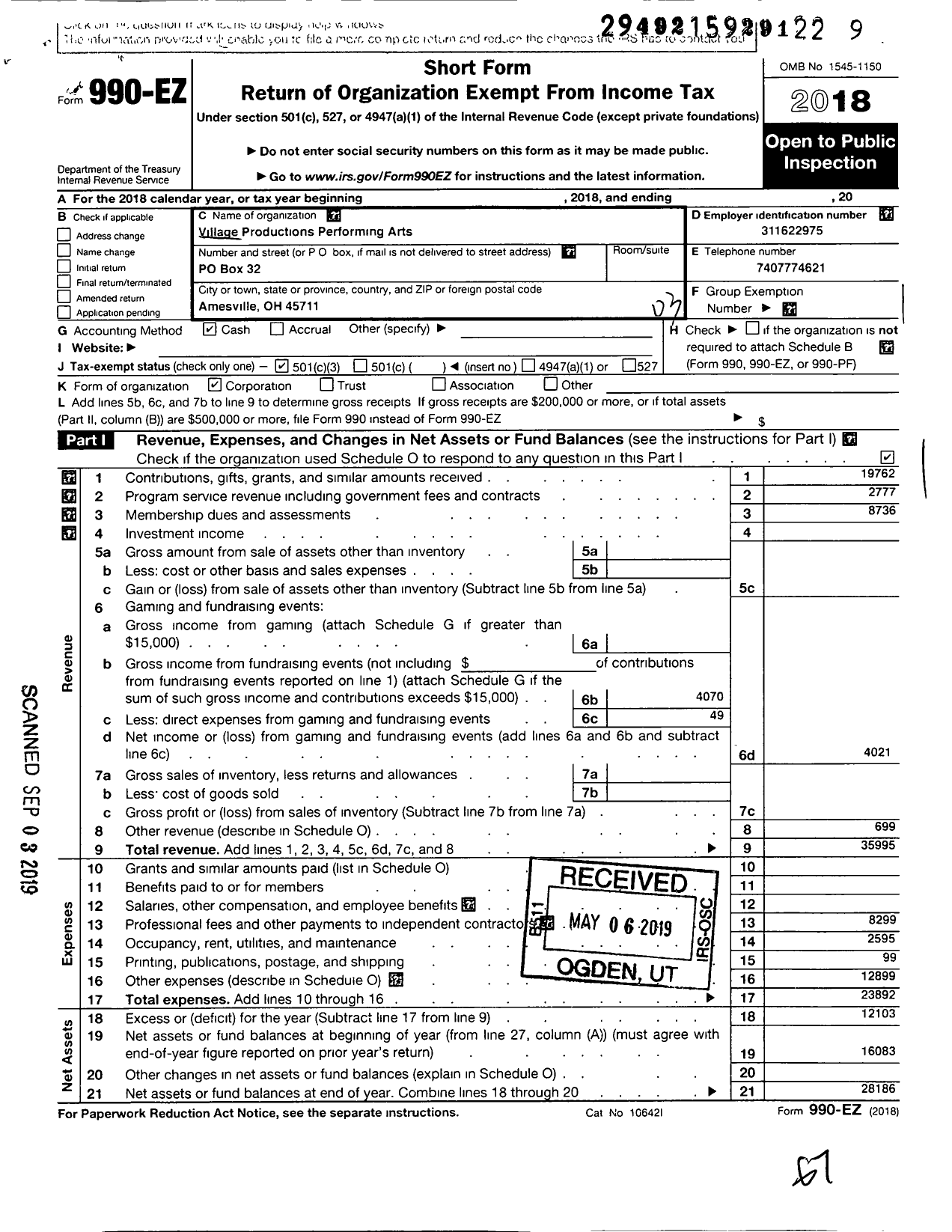 Image of first page of 2018 Form 990EZ for Village Productions Performing Arts