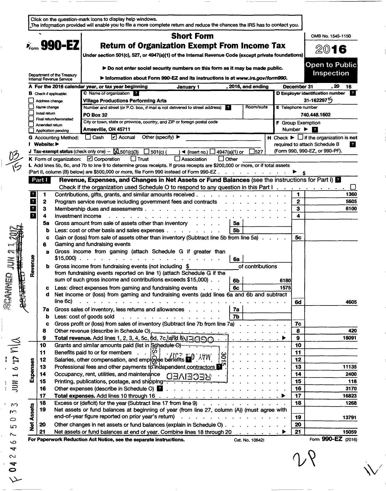 Image of first page of 2016 Form 990EZ for Village Productions Performing Arts