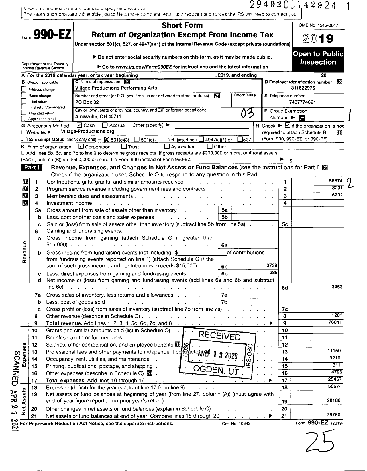 Image of first page of 2019 Form 990EZ for Village Productions Performing Arts