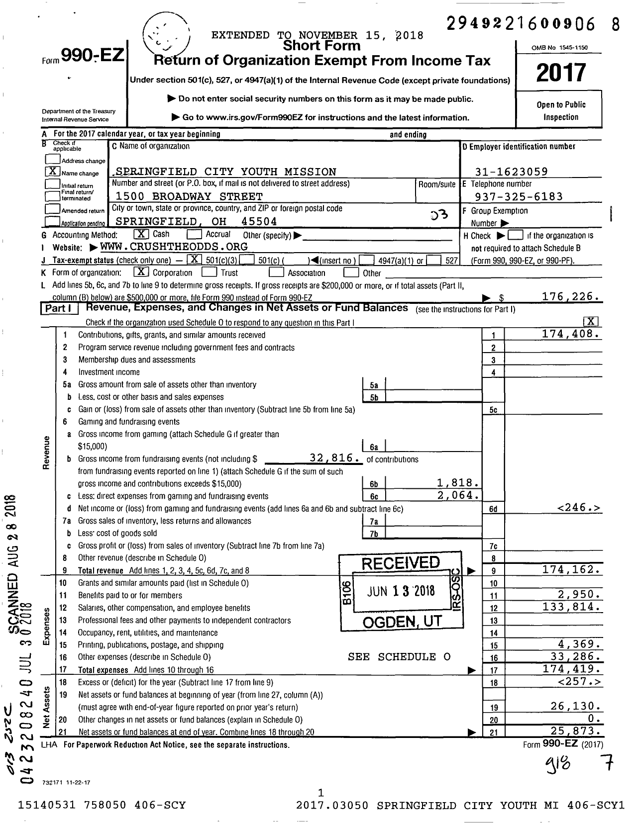 Image of first page of 2017 Form 990EZ for Springfield City Youth Mission