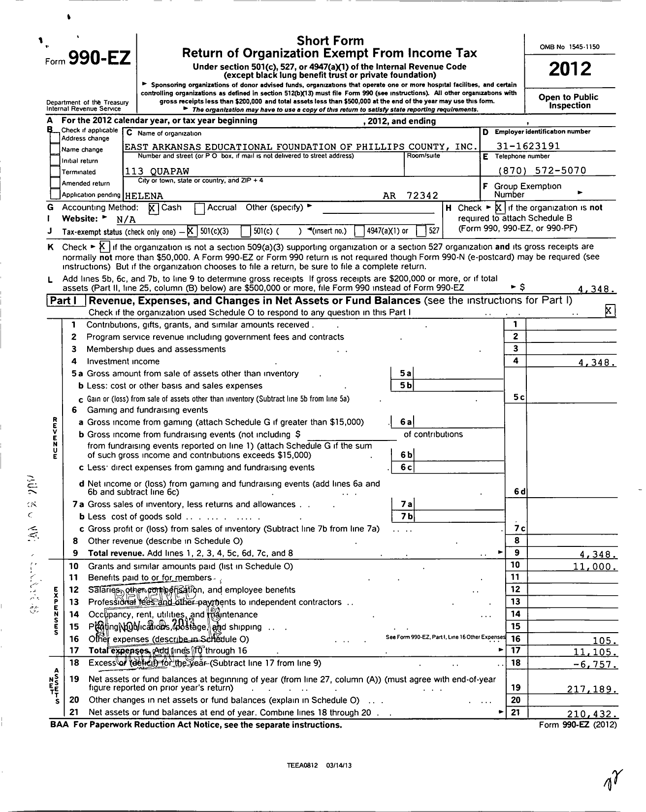 Image of first page of 2012 Form 990EZ for East Arkansas Educational Foundation of Phillips County