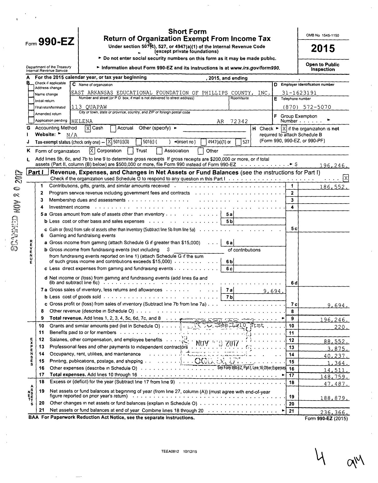 Image of first page of 2015 Form 990EZ for East Arkansas Educational Foundation of Phillips County