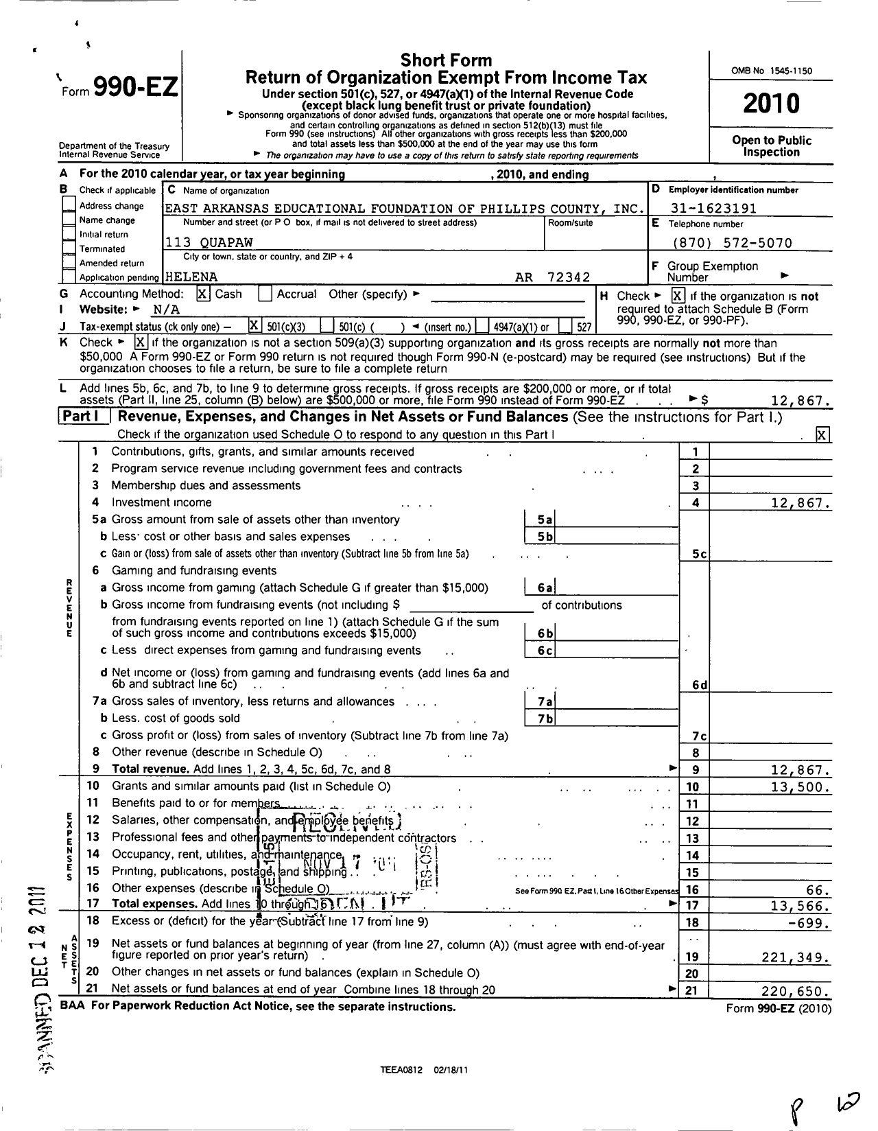 Image of first page of 2010 Form 990EZ for East Arkansas Educational Foundation of Phillips County
