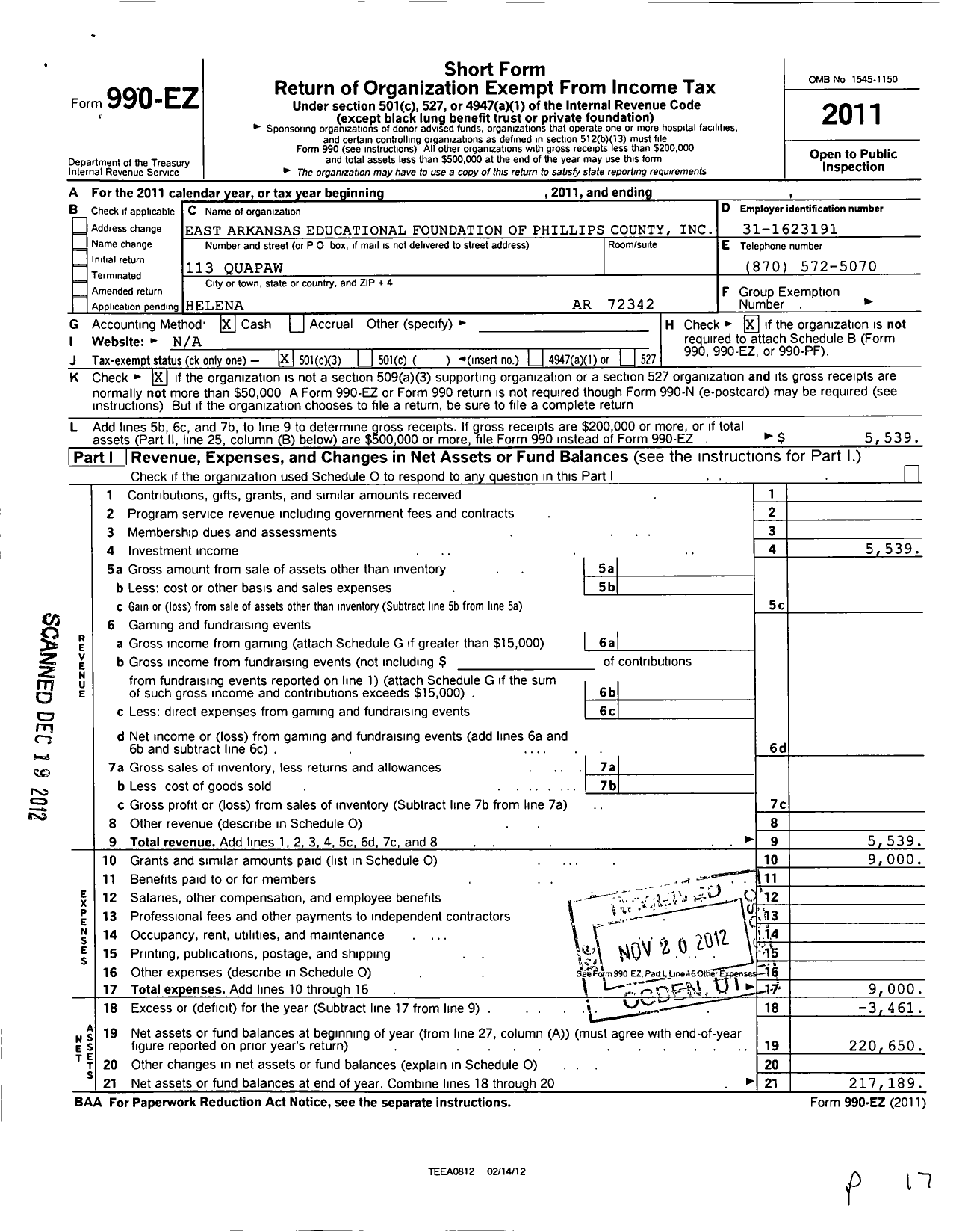 Image of first page of 2011 Form 990EZ for East Arkansas Educational Foundation of Phillips County