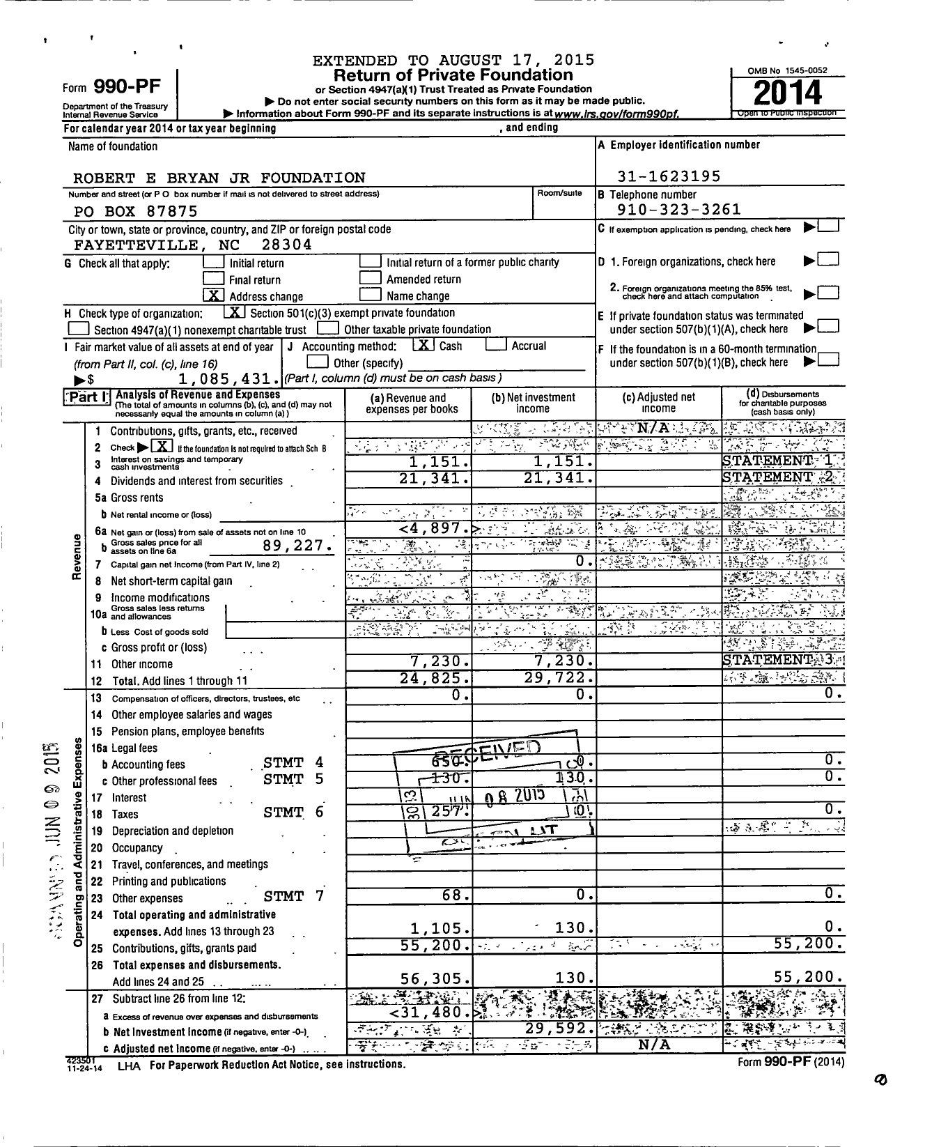 Image of first page of 2014 Form 990PF for Robert E Bryan JR Foundation