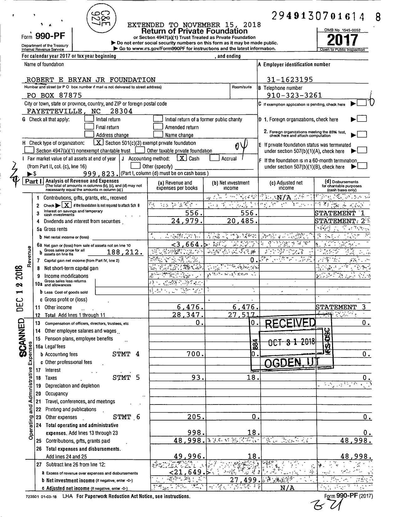 Image of first page of 2017 Form 990PF for Robert E Bryan JR Foundation
