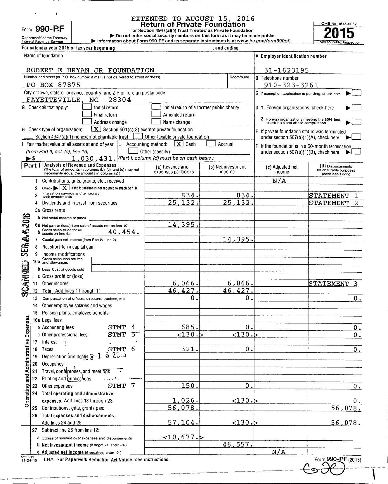 Image of first page of 2015 Form 990PF for Robert E Bryan JR Foundation