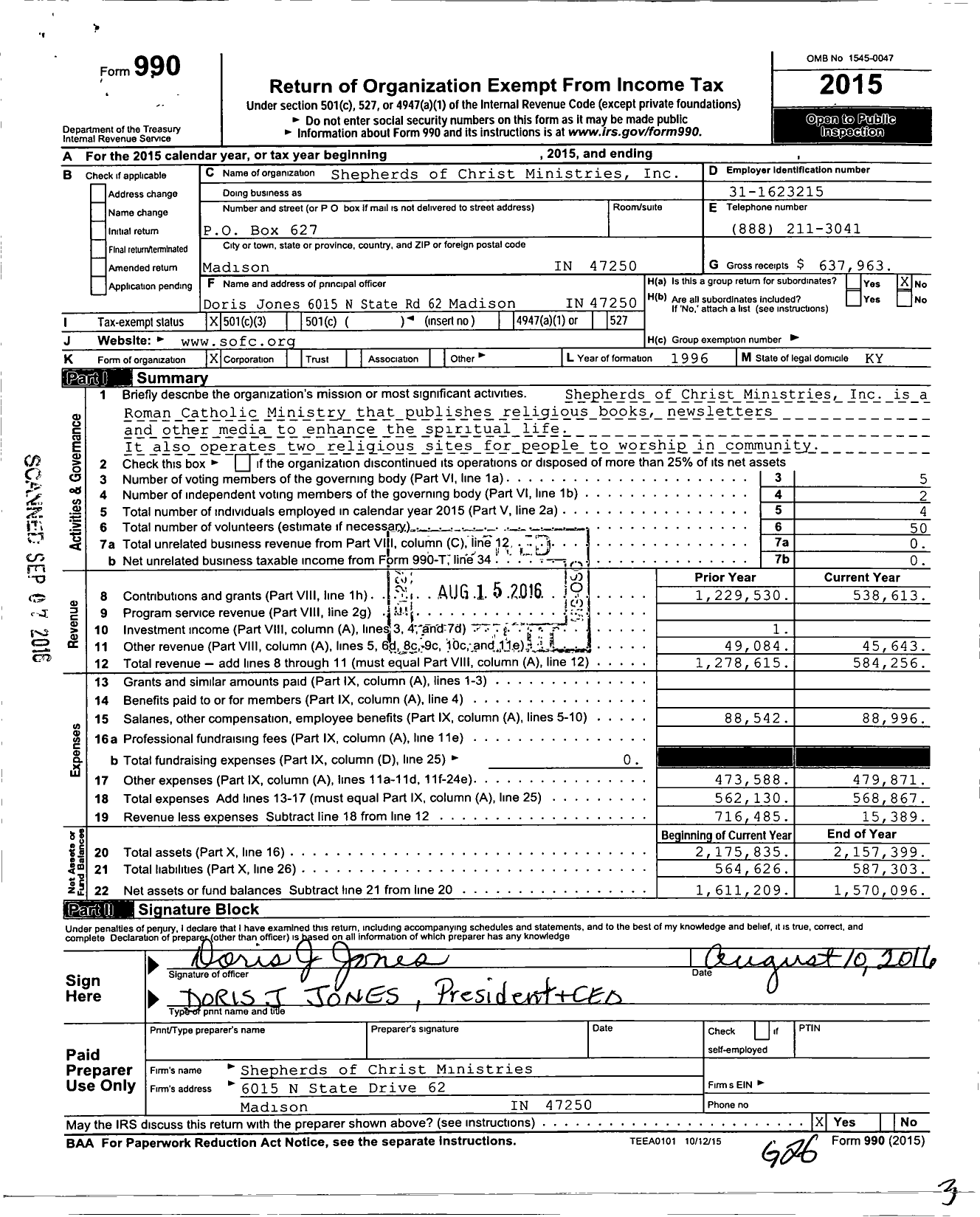 Image of first page of 2015 Form 990 for Shepherds of Christ Ministries