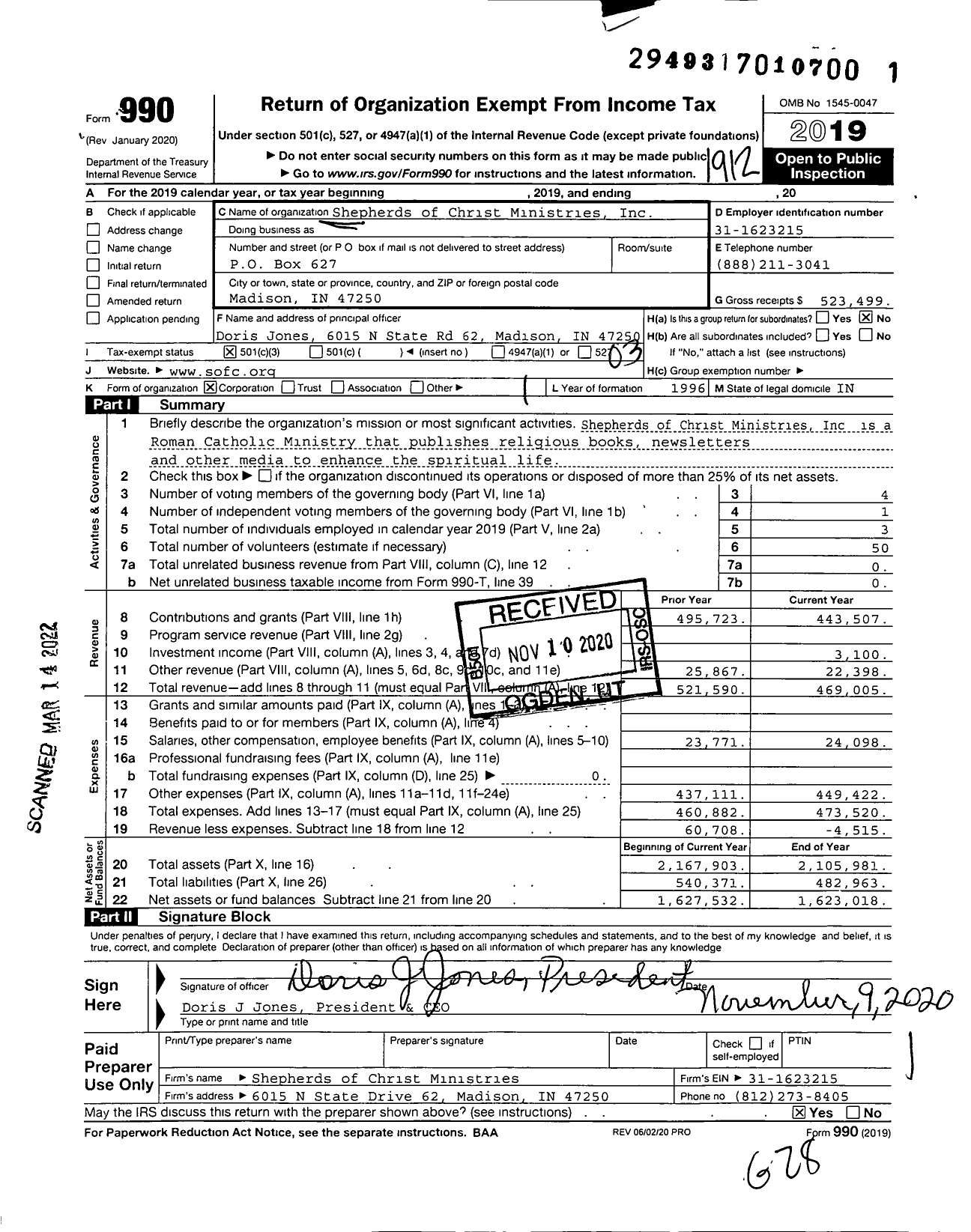 Image of first page of 2019 Form 990 for Shepherds of Christ Ministries