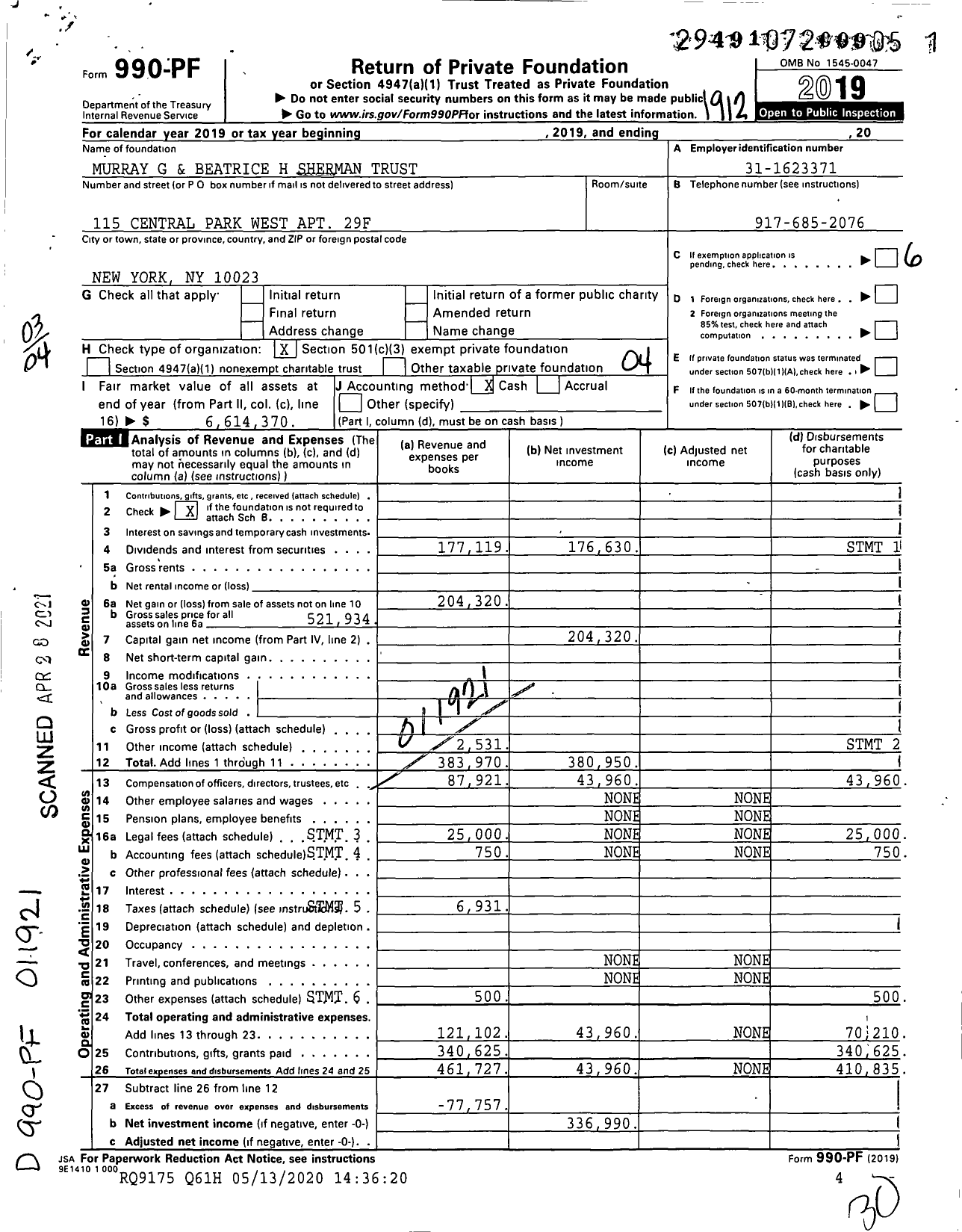 Image of first page of 2019 Form 990PF for Murray G and Beatrice H Sherman Trust