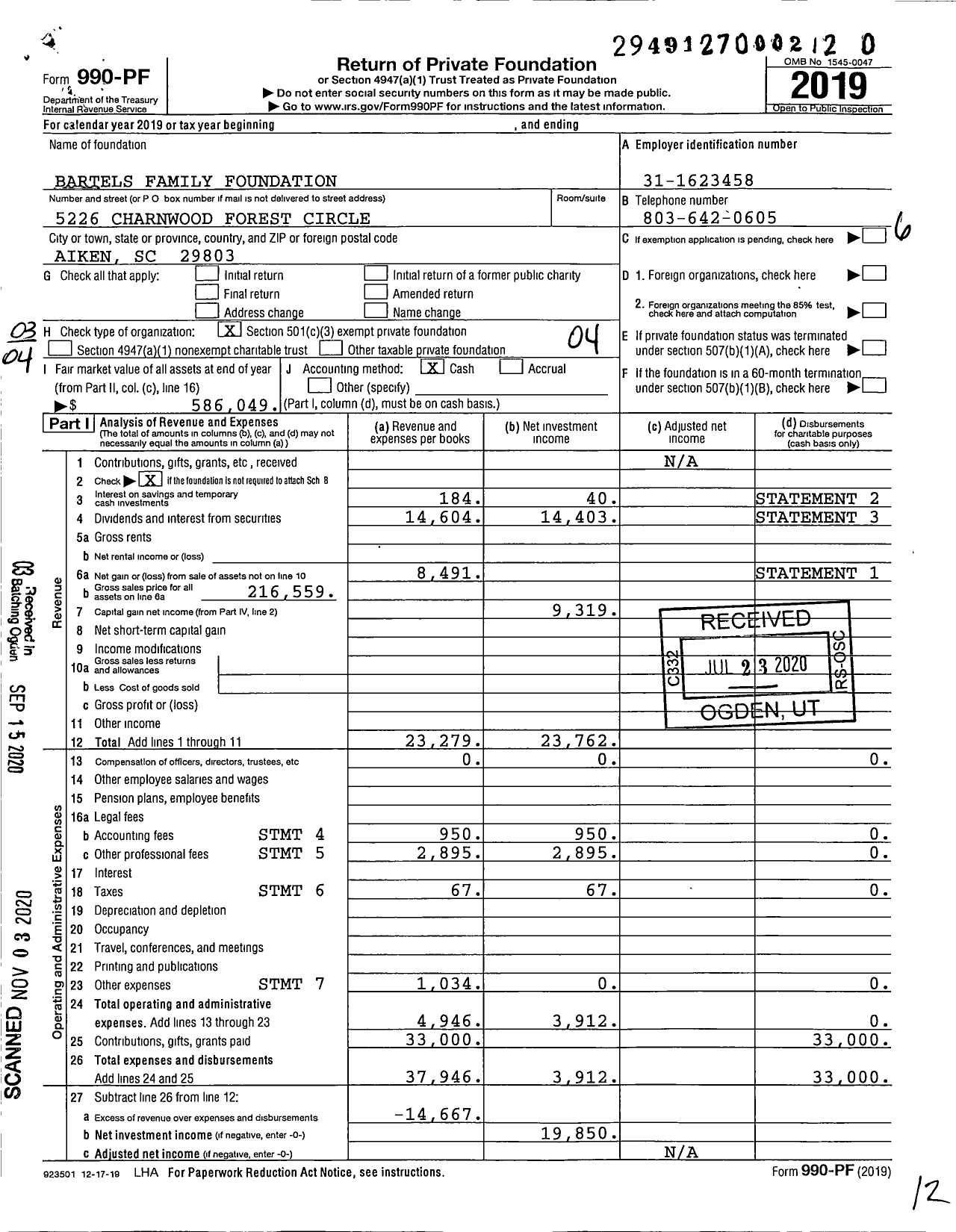 Image of first page of 2019 Form 990PF for Bartels Family Foundation