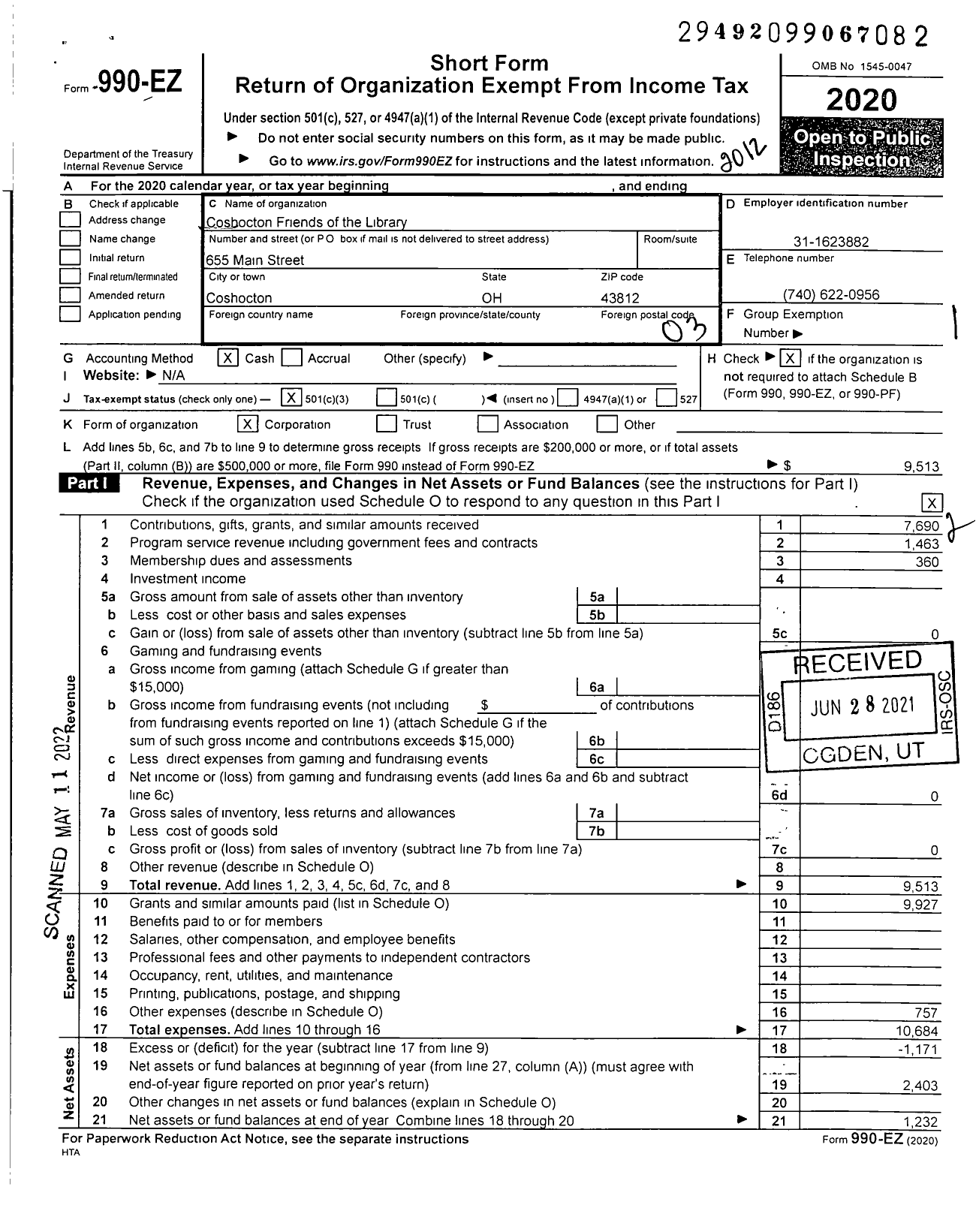 Image of first page of 2020 Form 990EZ for Coshocton Friends of the Library