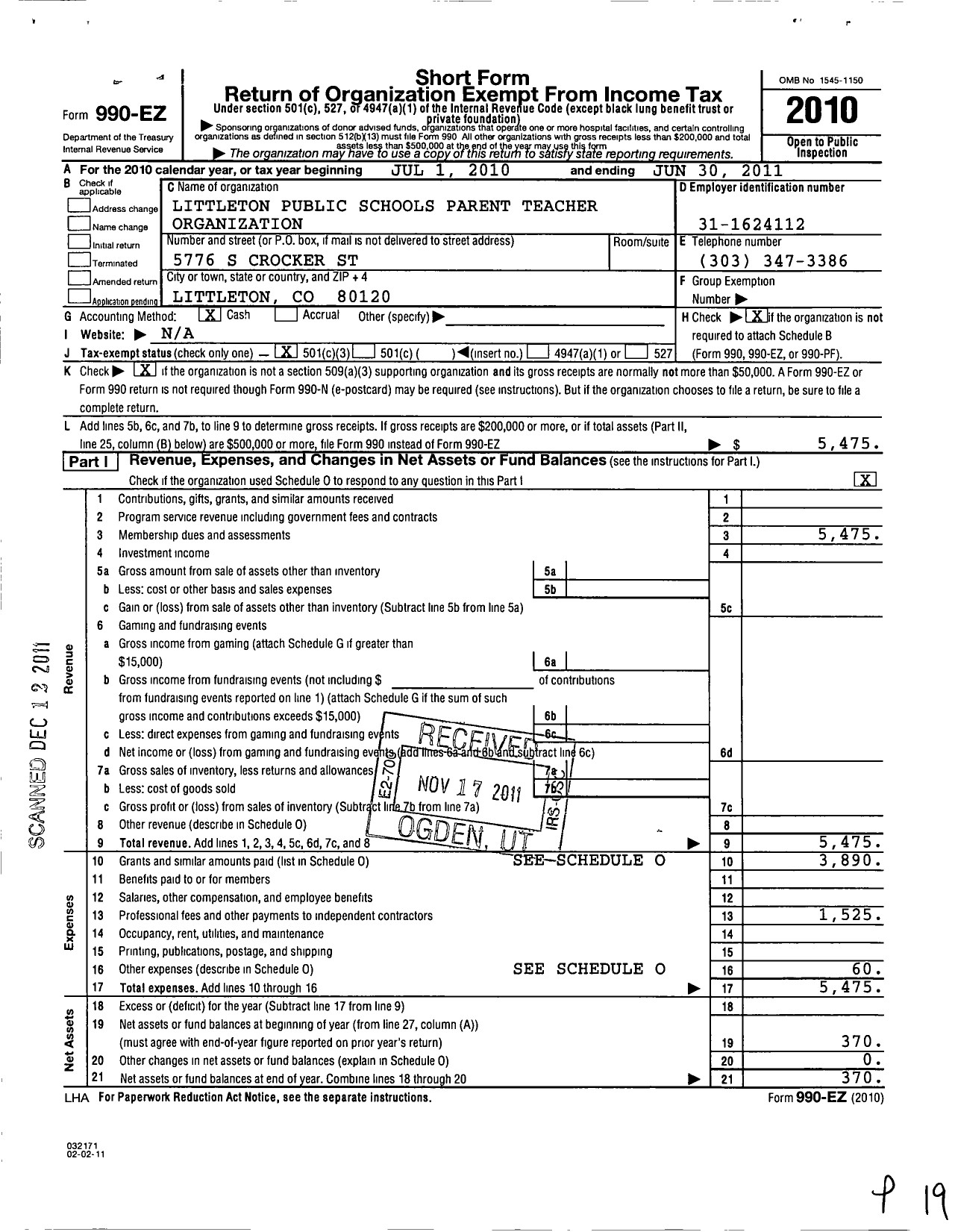 Image of first page of 2010 Form 990EZ for Littleton Public Schools Parent Teacher Organization