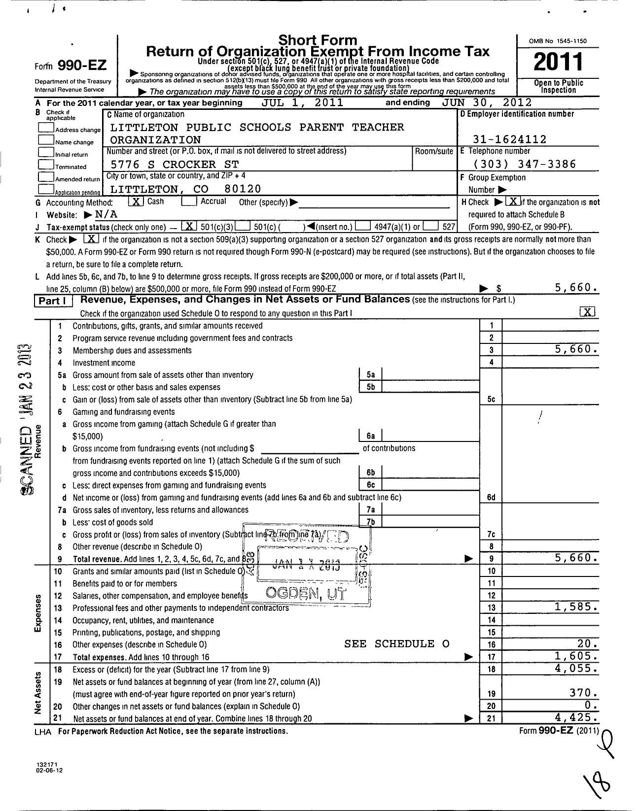 Image of first page of 2011 Form 990EZ for Littleton Public Schools Parent Teacher Organization