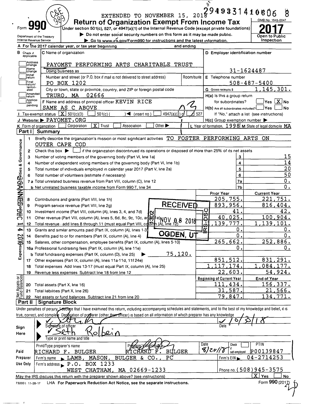 Image of first page of 2017 Form 990 for Payomet Performing Arts Center