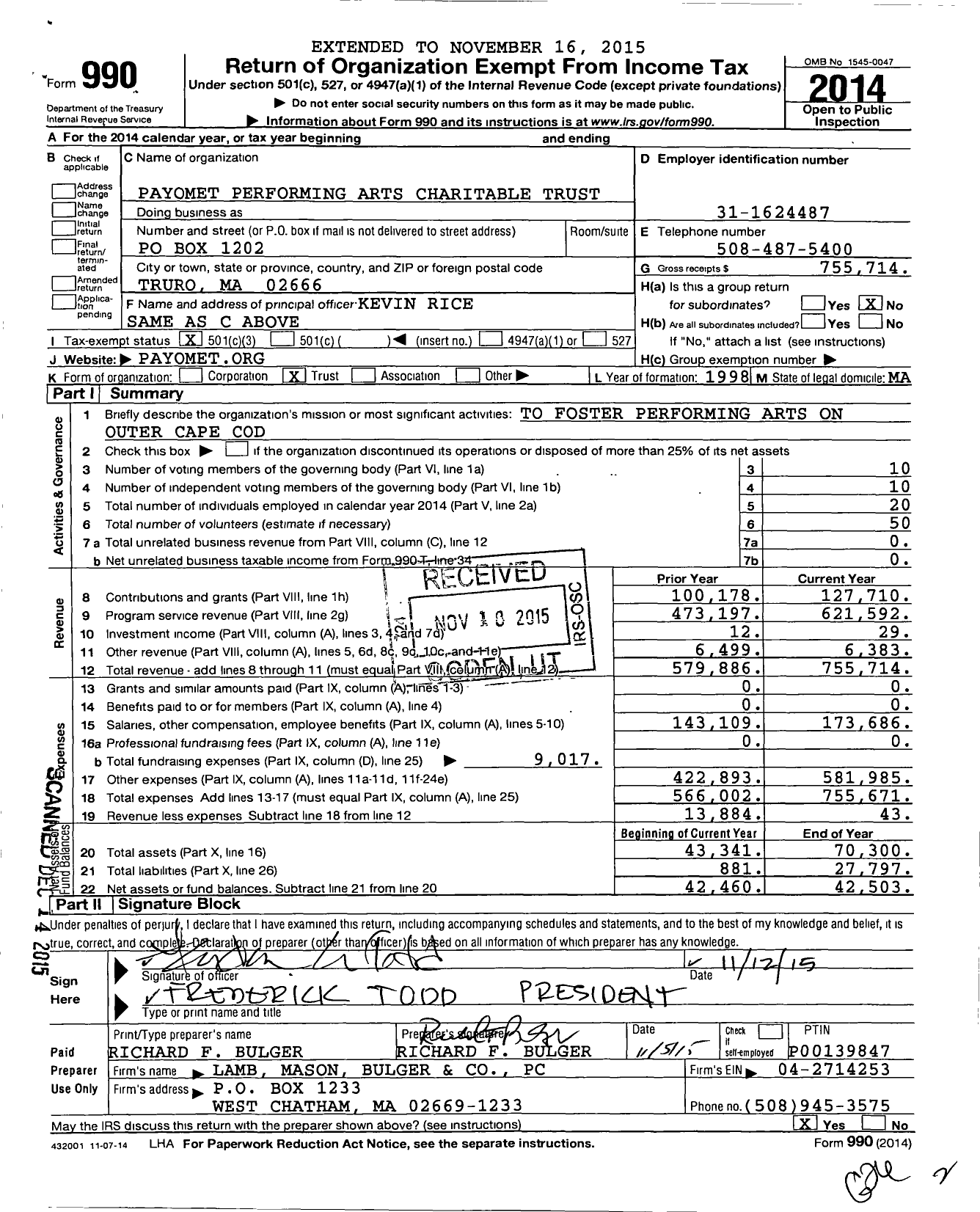 Image of first page of 2014 Form 990 for Payomet Performing Arts Center