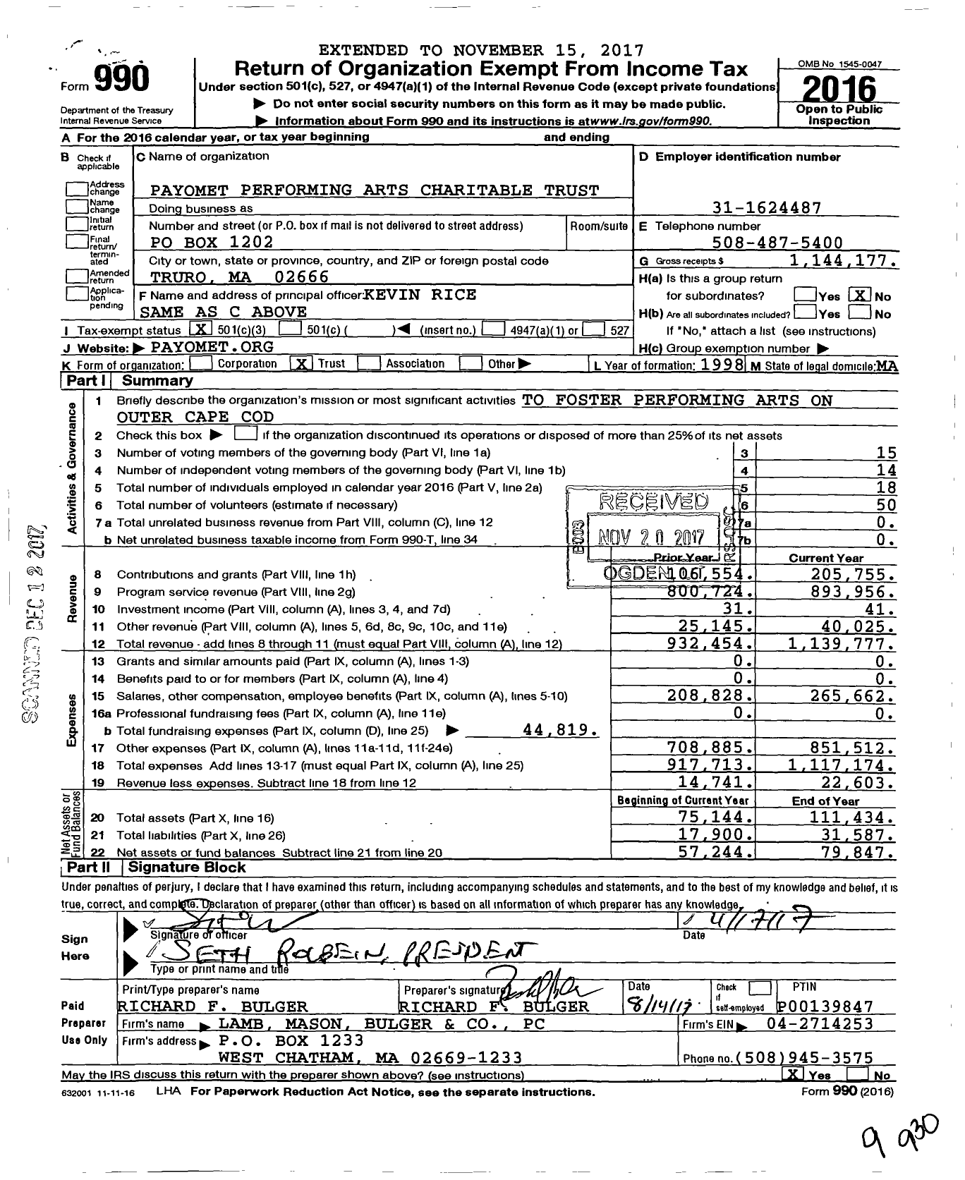 Image of first page of 2016 Form 990 for Payomet Performing Arts Center