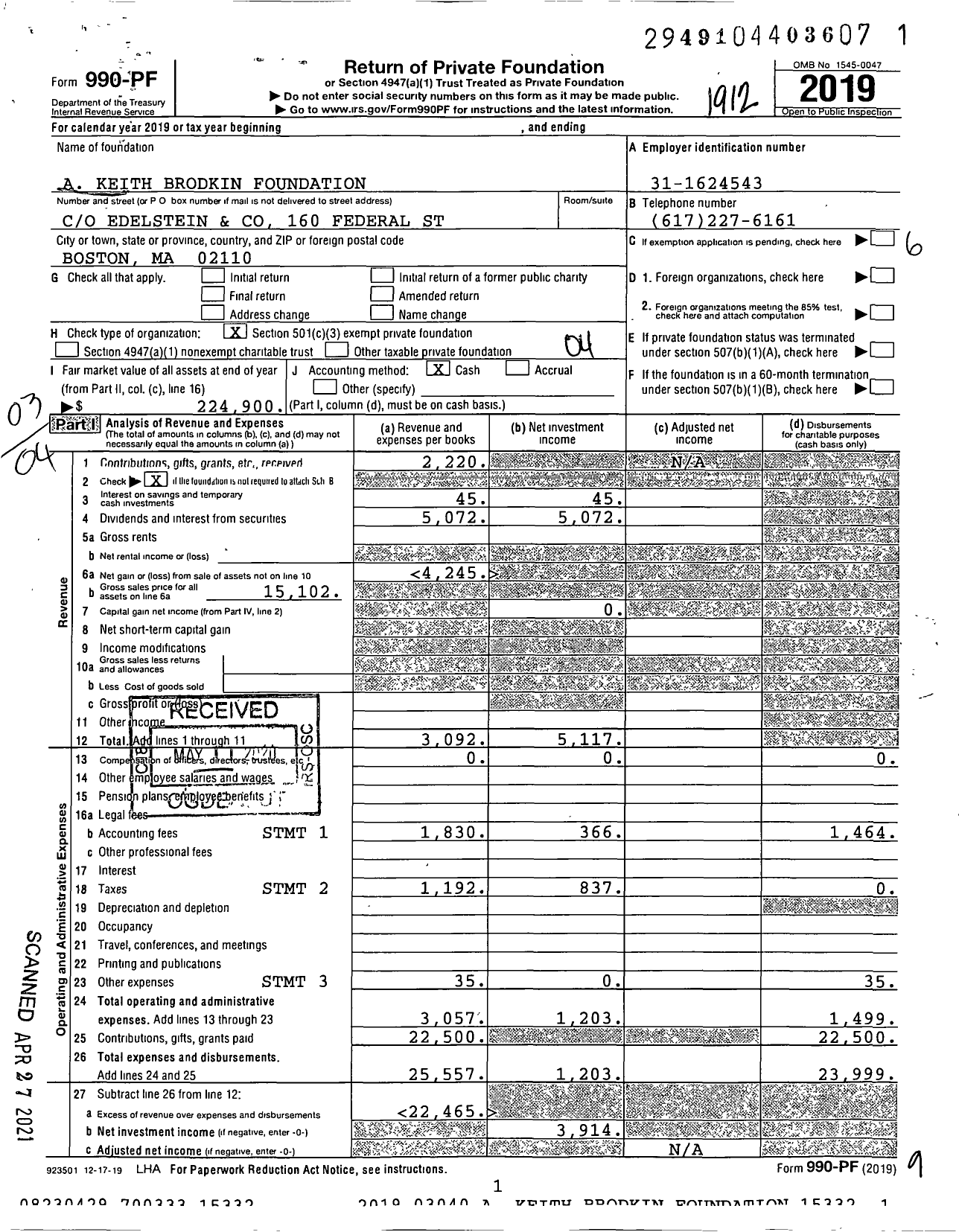 Image of first page of 2019 Form 990PF for A Keith Brodkin Foundation