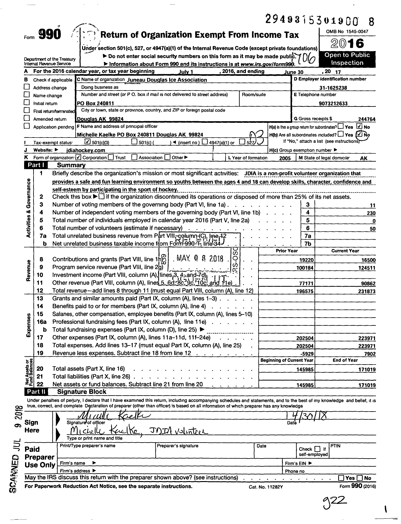 Image of first page of 2016 Form 990 for Juneau Douglas Ice Association