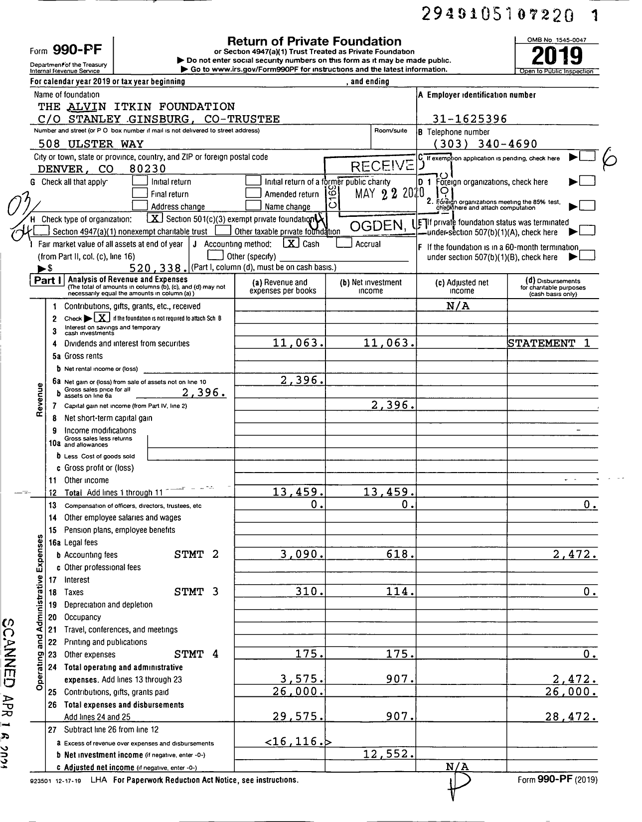 Image of first page of 2019 Form 990PF for The Alvin Itkin Foundation