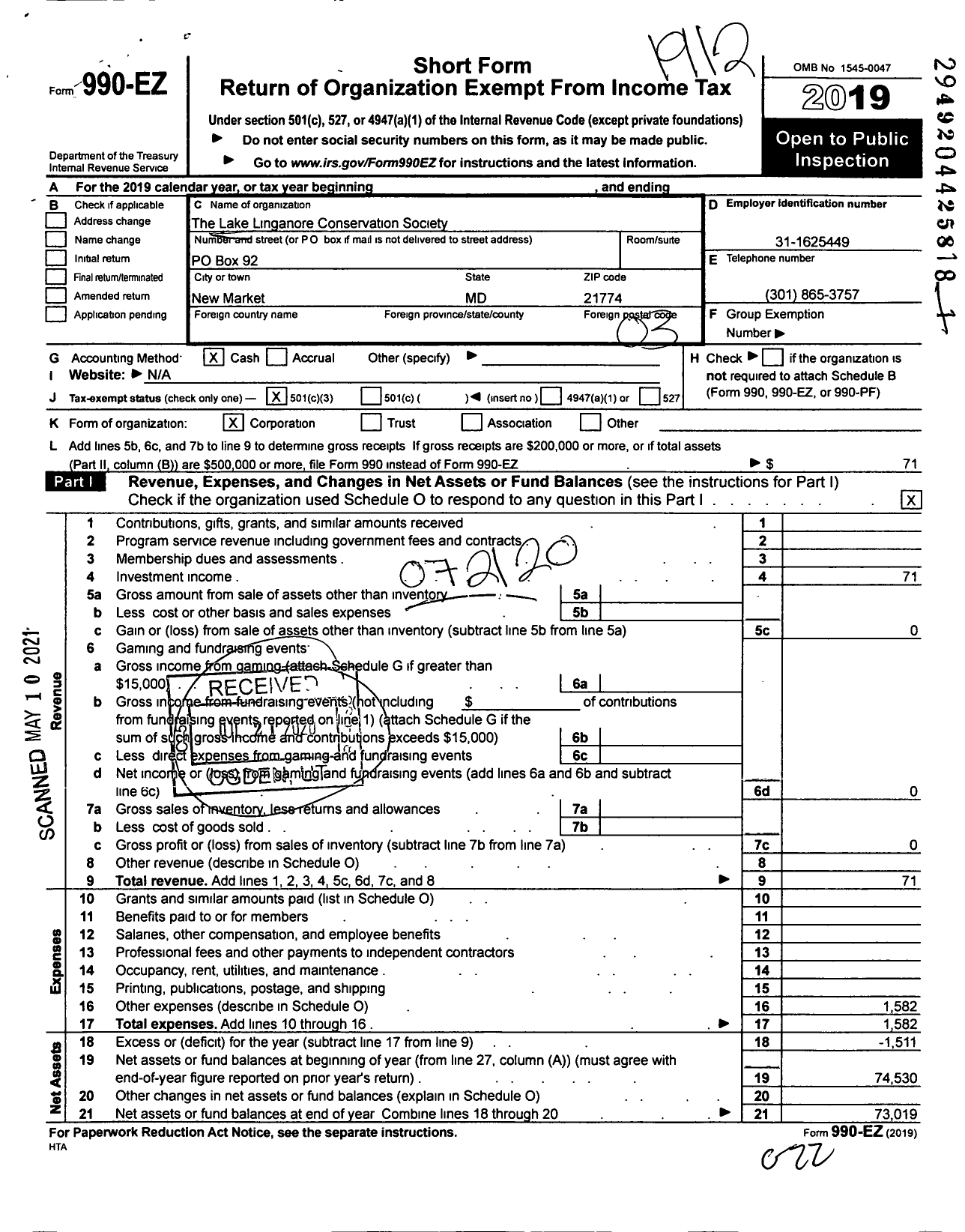 Image of first page of 2019 Form 990EZ for Lake Linganore Conservation Society