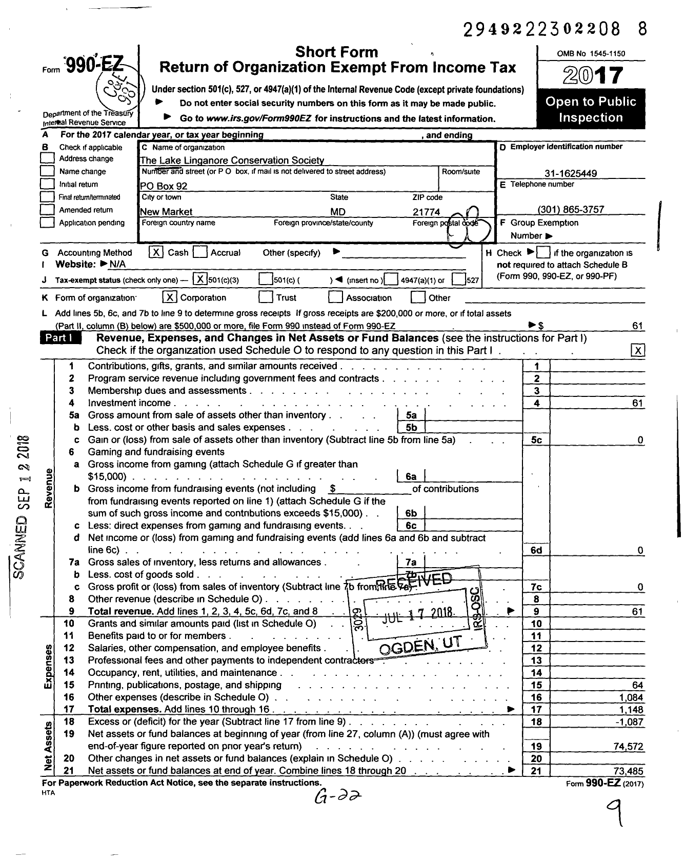 Image of first page of 2017 Form 990EZ for Lake Linganore Conservation Society