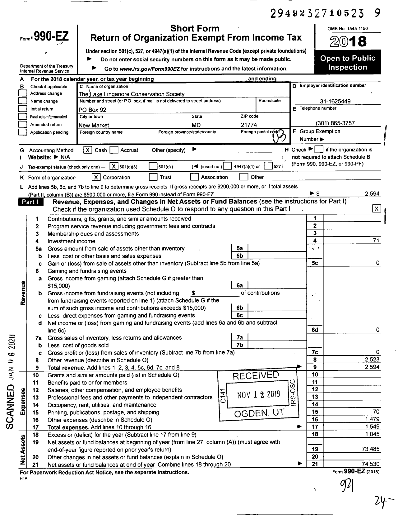 Image of first page of 2018 Form 990EZ for Lake Linganore Conservation Society