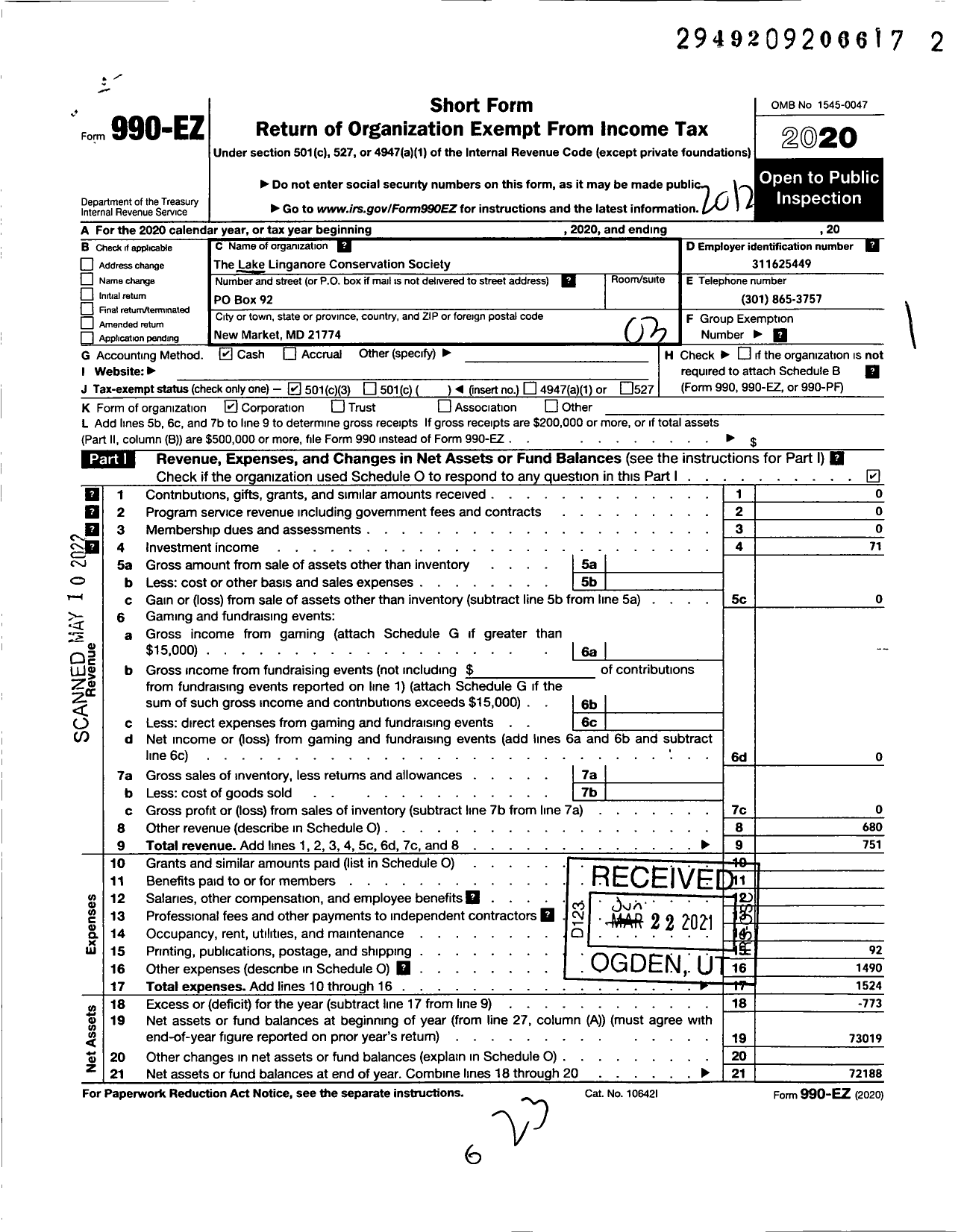 Image of first page of 2020 Form 990EZ for Lake Linganore Conservation Society