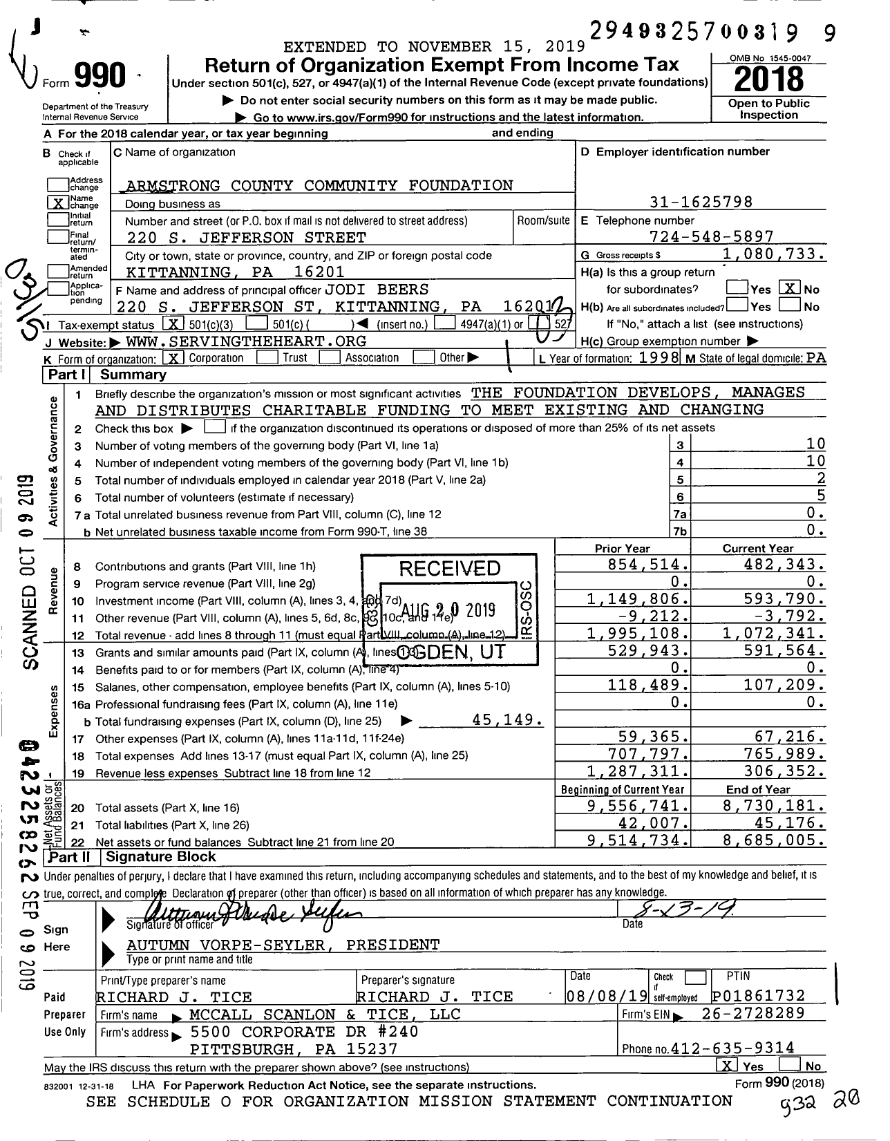 Image of first page of 2018 Form 990 for Armstrong County Community Foundation