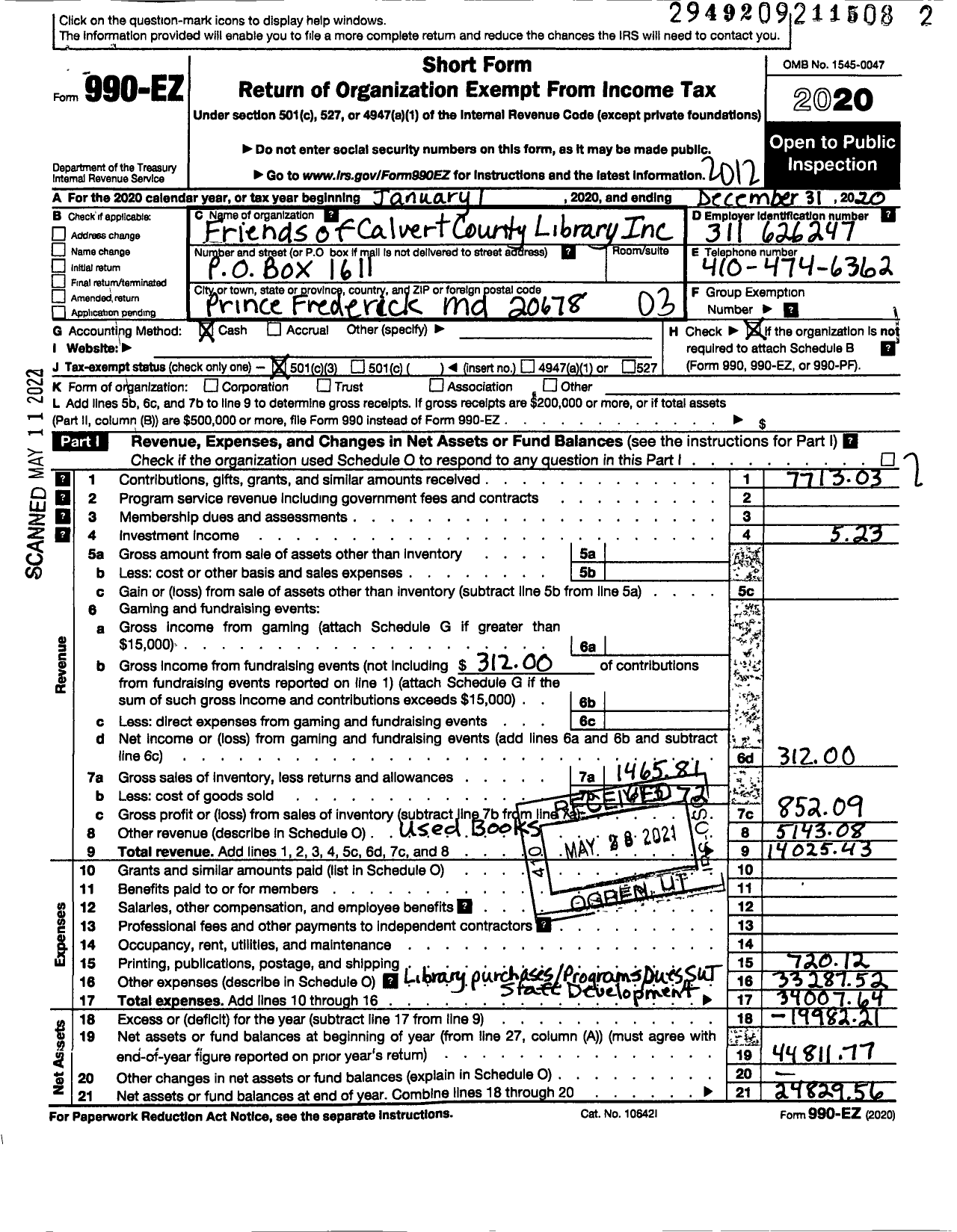 Image of first page of 2020 Form 990EZ for Friends of the Calvert County Library