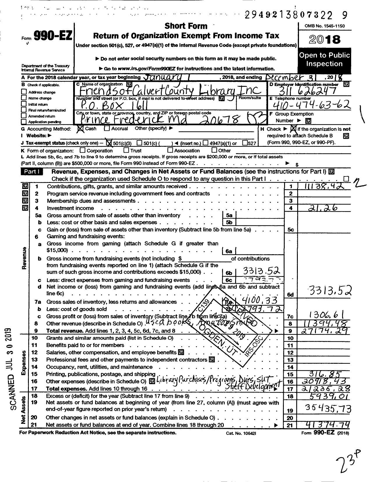 Image of first page of 2018 Form 990EZ for Friends of the Calvert County Library