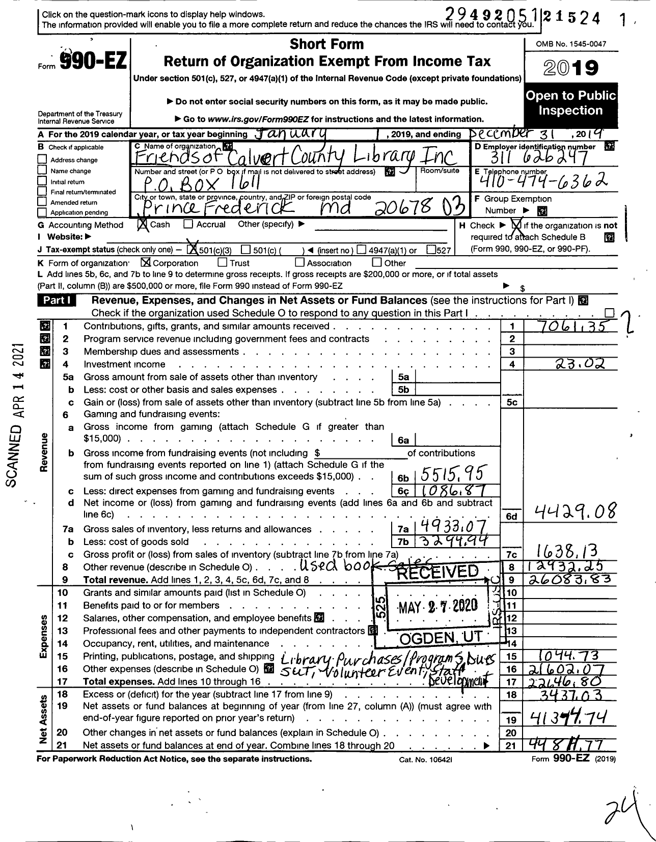 Image of first page of 2019 Form 990EZ for Friends of the Calvert County Library