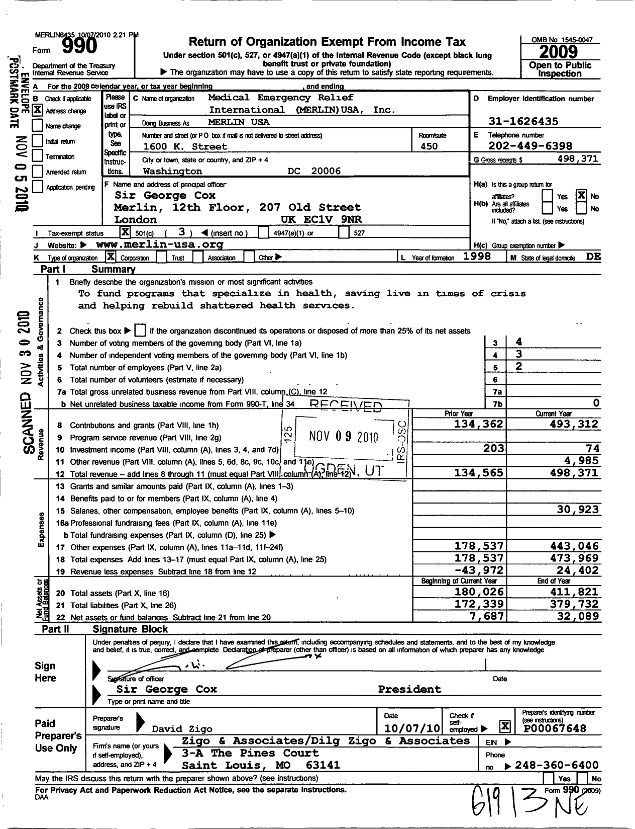 Image of first page of 2009 Form 990 for Medical Emergency Relief International USA