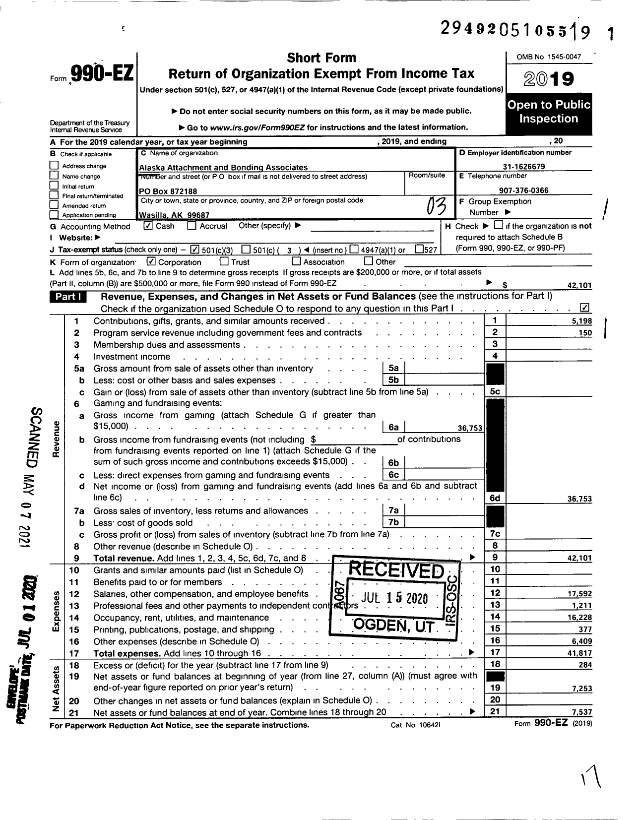 Image of first page of 2019 Form 990EZ for Alaska Attachment and Bonding Associates