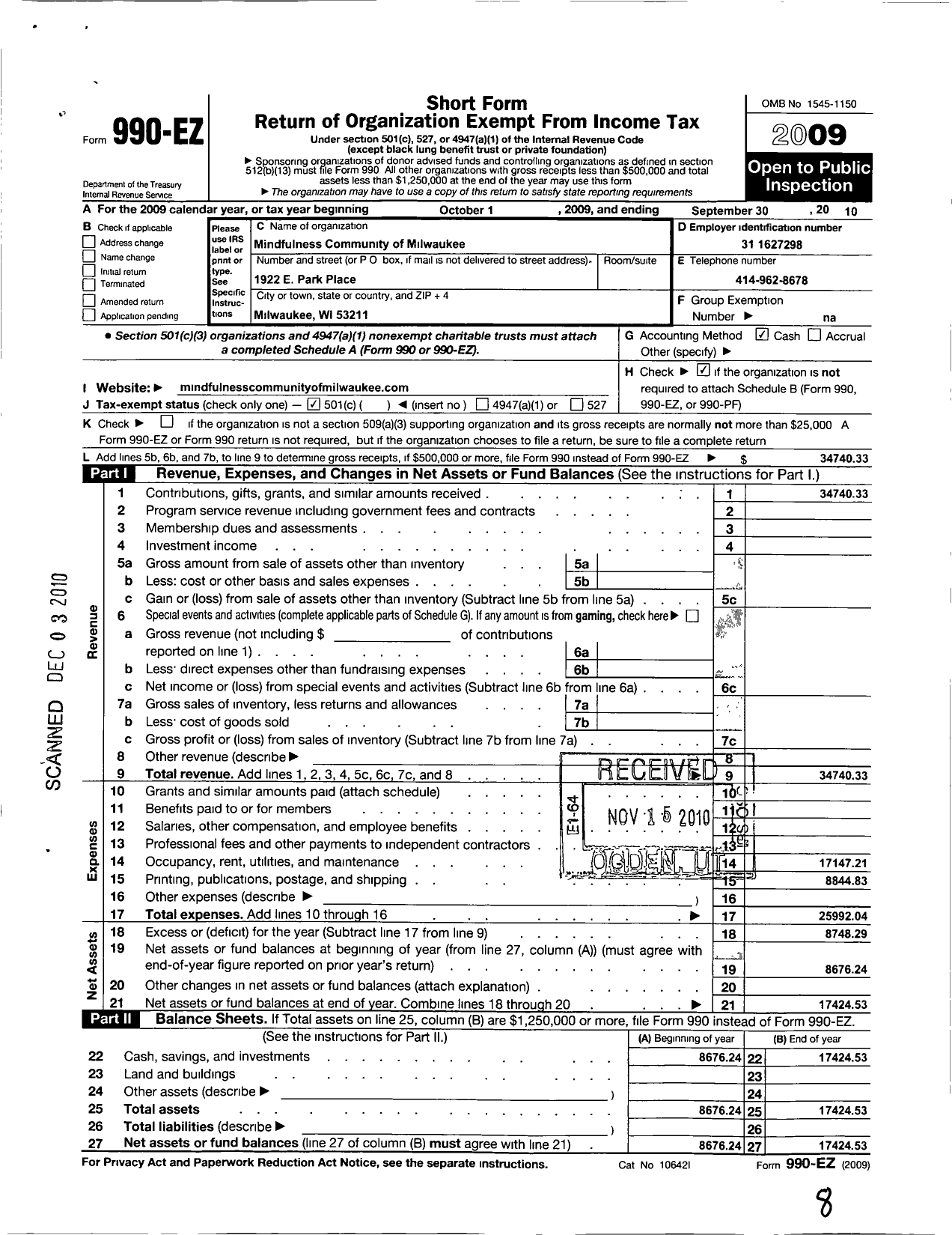 Image of first page of 2009 Form 990EO for Mindfulness Community of Milwaukee