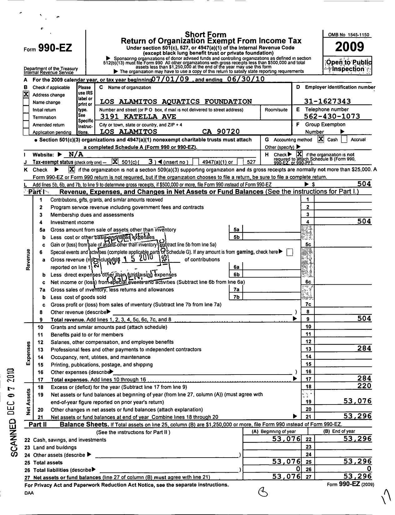 Image of first page of 2009 Form 990EZ for Los Alamitos Aquatics Foundation