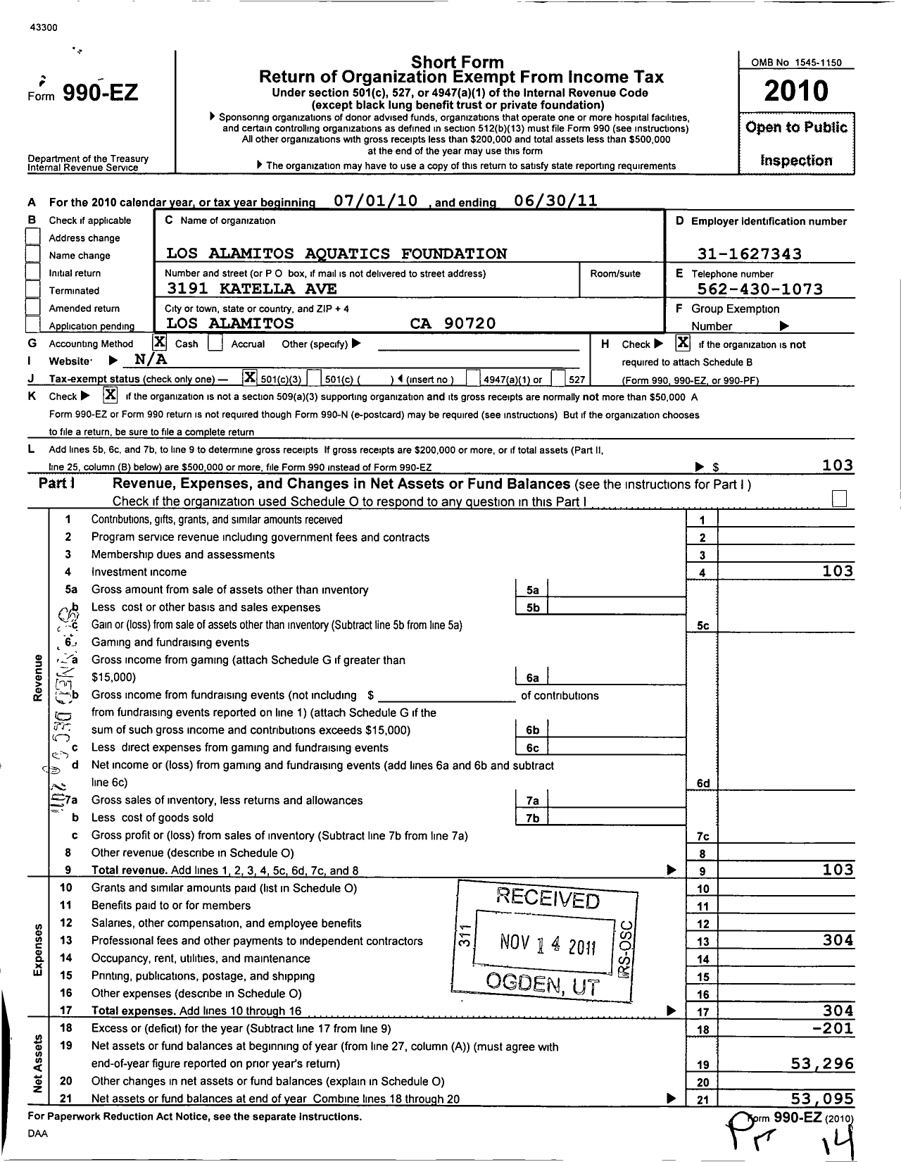 Image of first page of 2010 Form 990EZ for Los Alamitos Aquatics Foundation