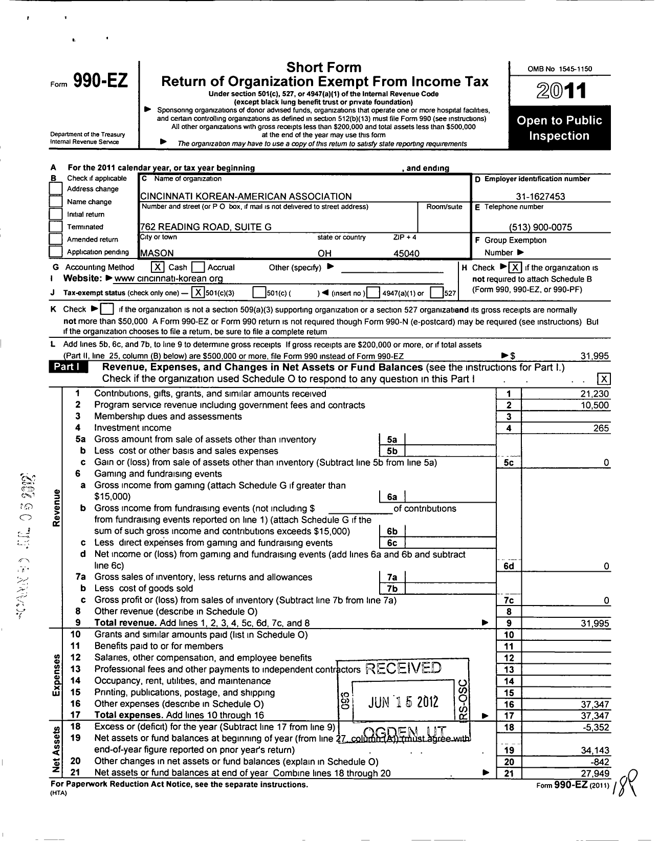 Image of first page of 2011 Form 990EZ for Cincinnati Korean American Association