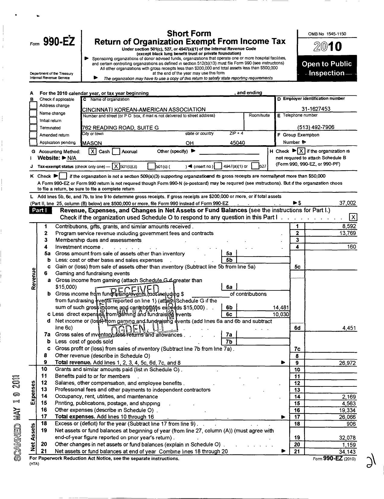 Image of first page of 2010 Form 990EZ for Cincinnati Korean American Association
