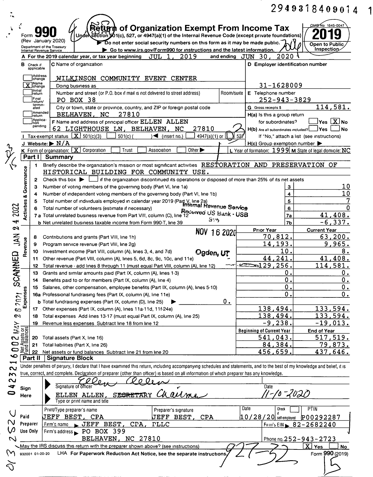 Image of first page of 2019 Form 990 for Wilkinson Community Event Center
